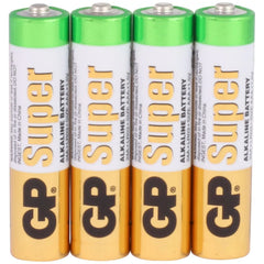 Four GP Super alkaline AAA batteries with green tops and gold bottoms, aligned upright.