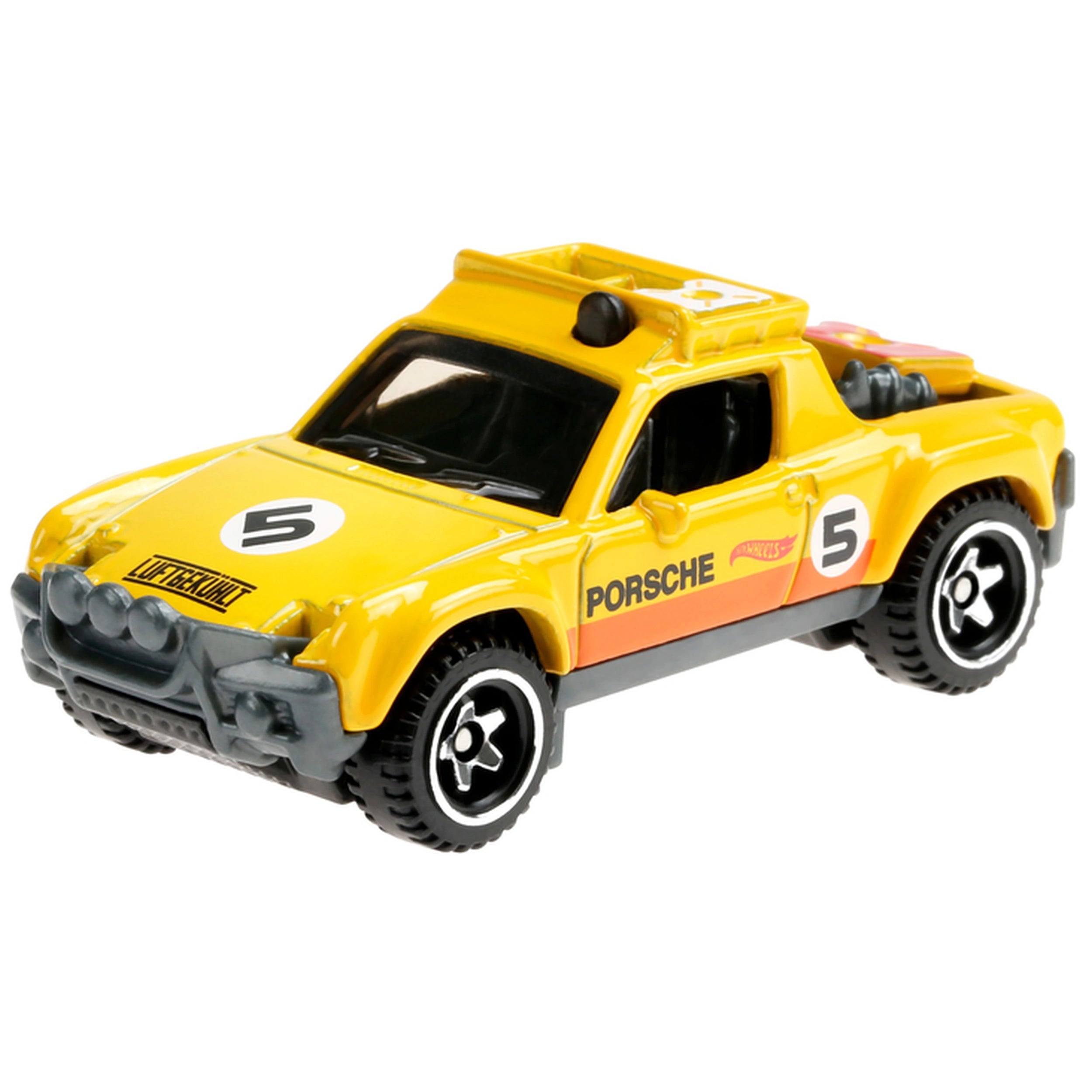 Hot Wheels die-cast racing vehicle in glossy yellow with orange accents, featuring number "5" on the side and detailed compon