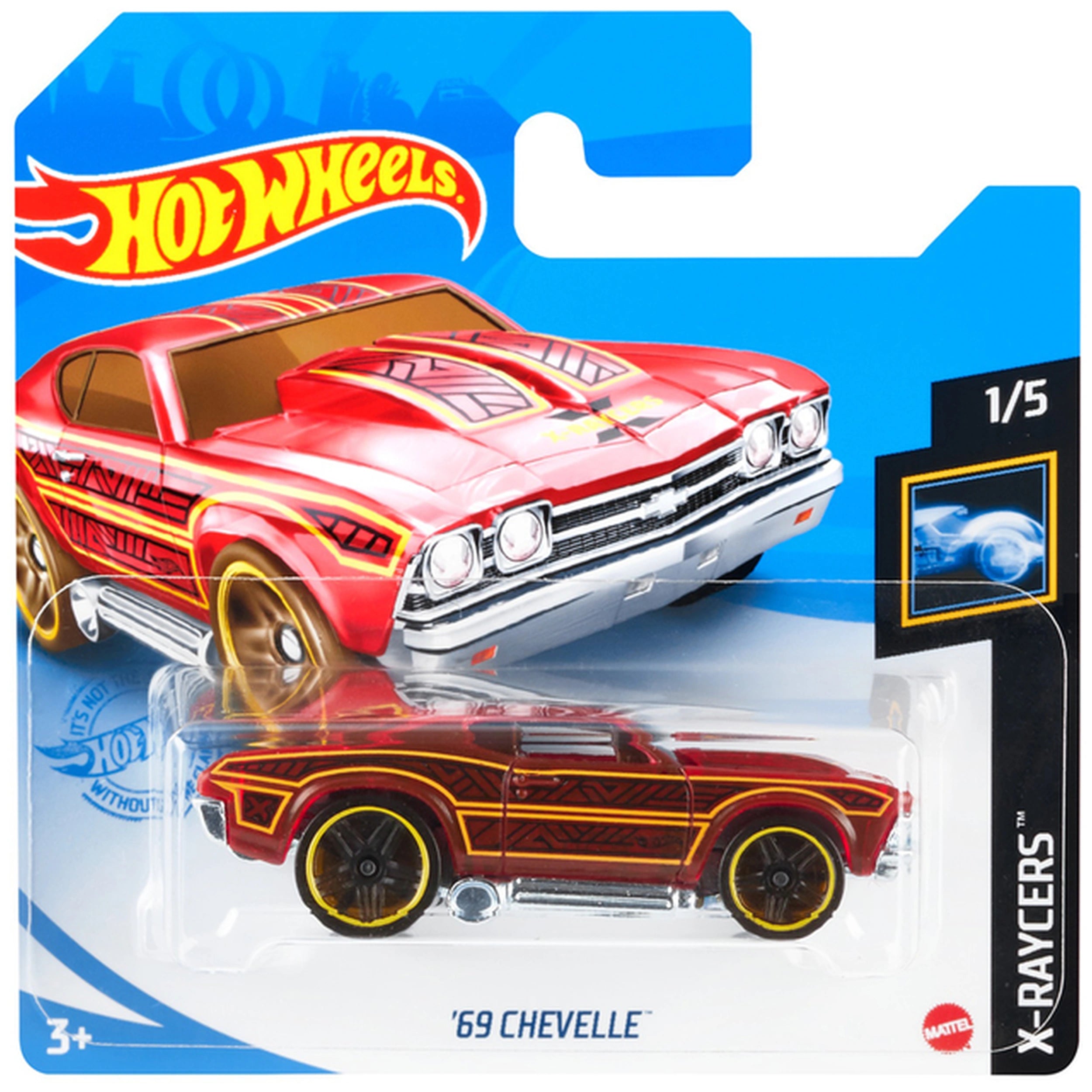 Hot Wheels 1:64 die cast vehicle pack features a glossy red car with yellow and black accents on blue packaging.