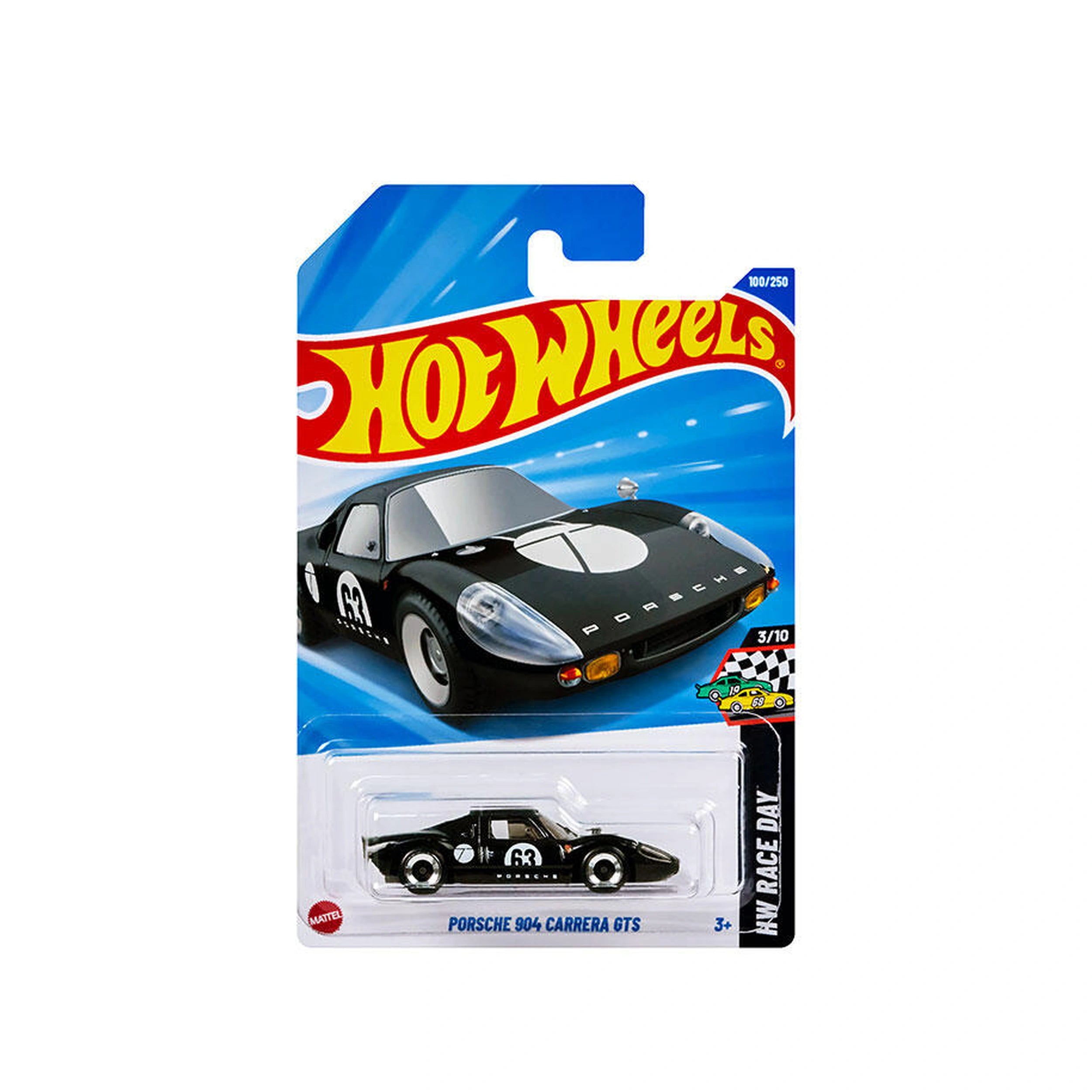 Hot Wheels 1:64 die cast Porsche vehicle in glossy blue packaging with white and yellow text, featuring a checkered flag.