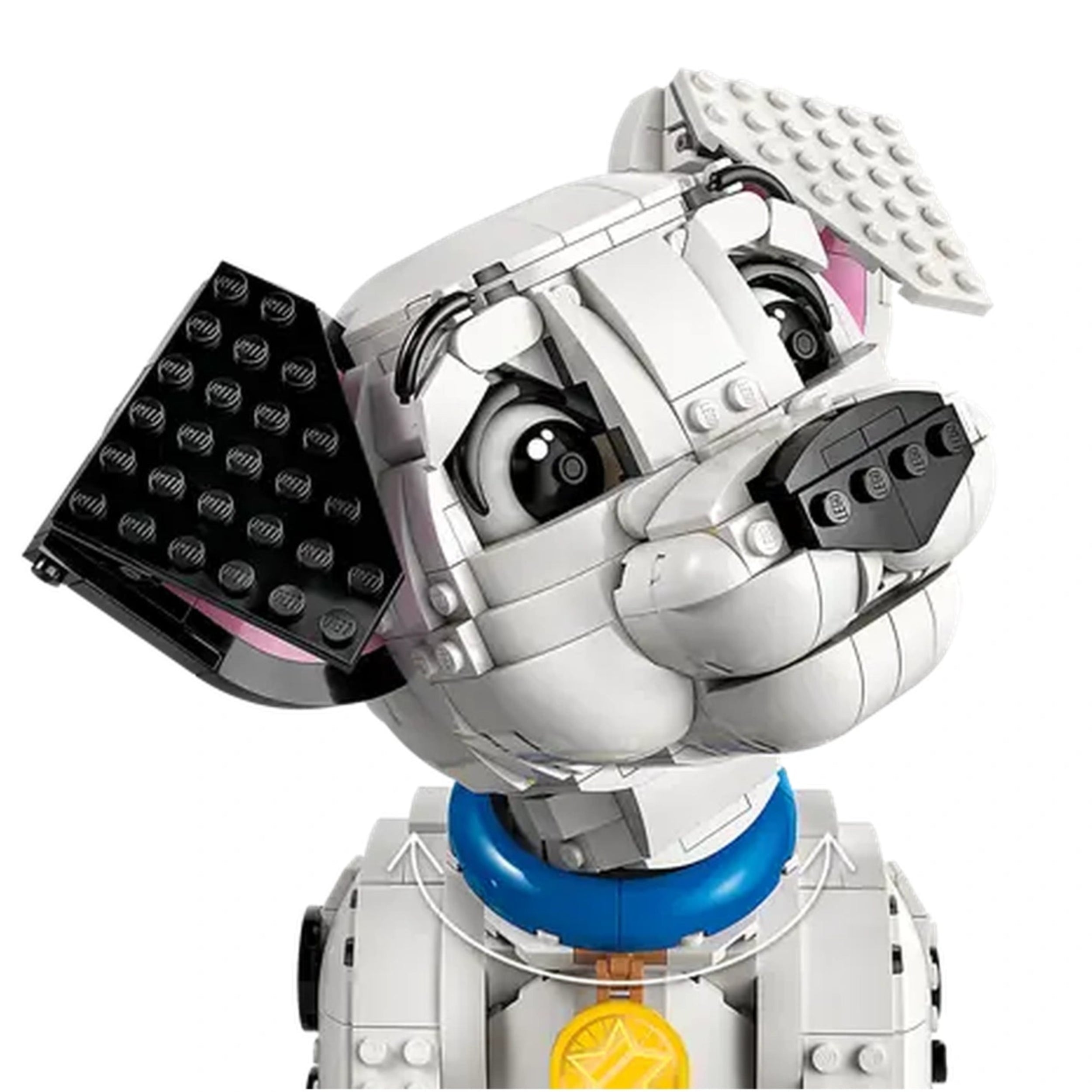 LEGO Dalmatian puppy head with black floppy ears, bright eyes, and a blue collar, showcasing playful details and construction quality.