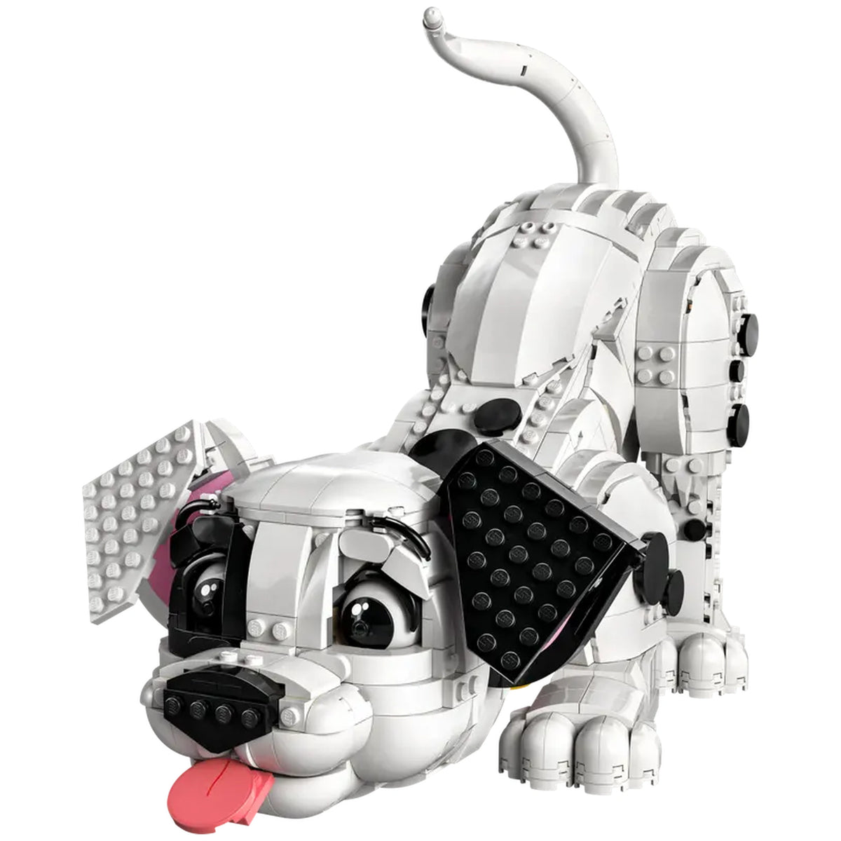 Black and white LEGO Dalmatian puppy with a playful expression, pink tongue sticking out, floppy ears, and a curved tail.