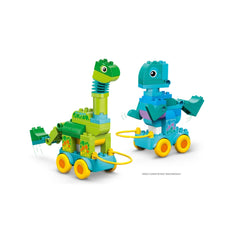 Two colorful LEGO dinosaur toys on wheels, a green Diplodocus and a blue T. rex, both feature movable parts for interactive play.