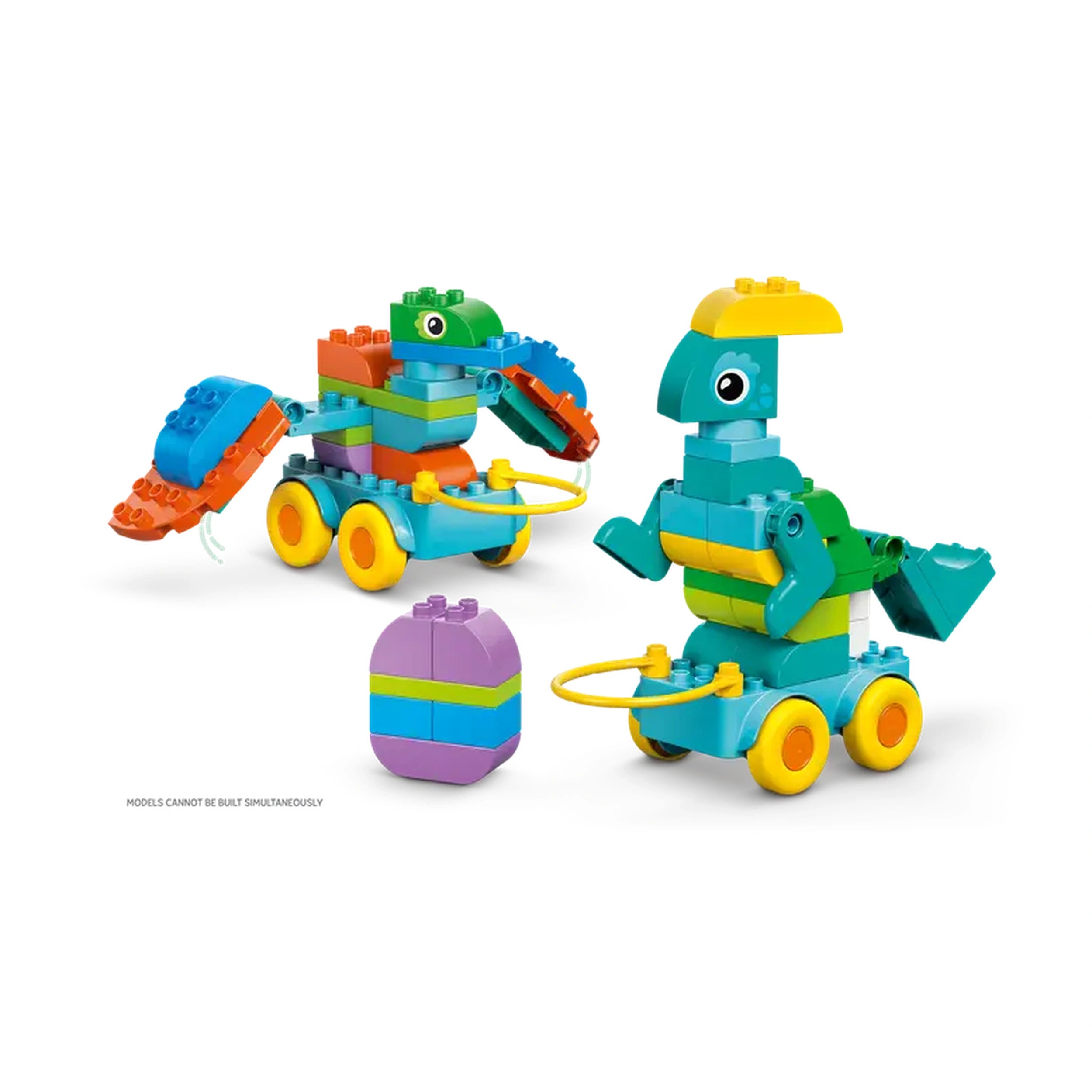 Two colorful LEGO dinosaur models on wheels, featuring vibrant bricks in green, blue, yellow, and orange, with movable parts. An additional brick element in purple and blue is nearby.