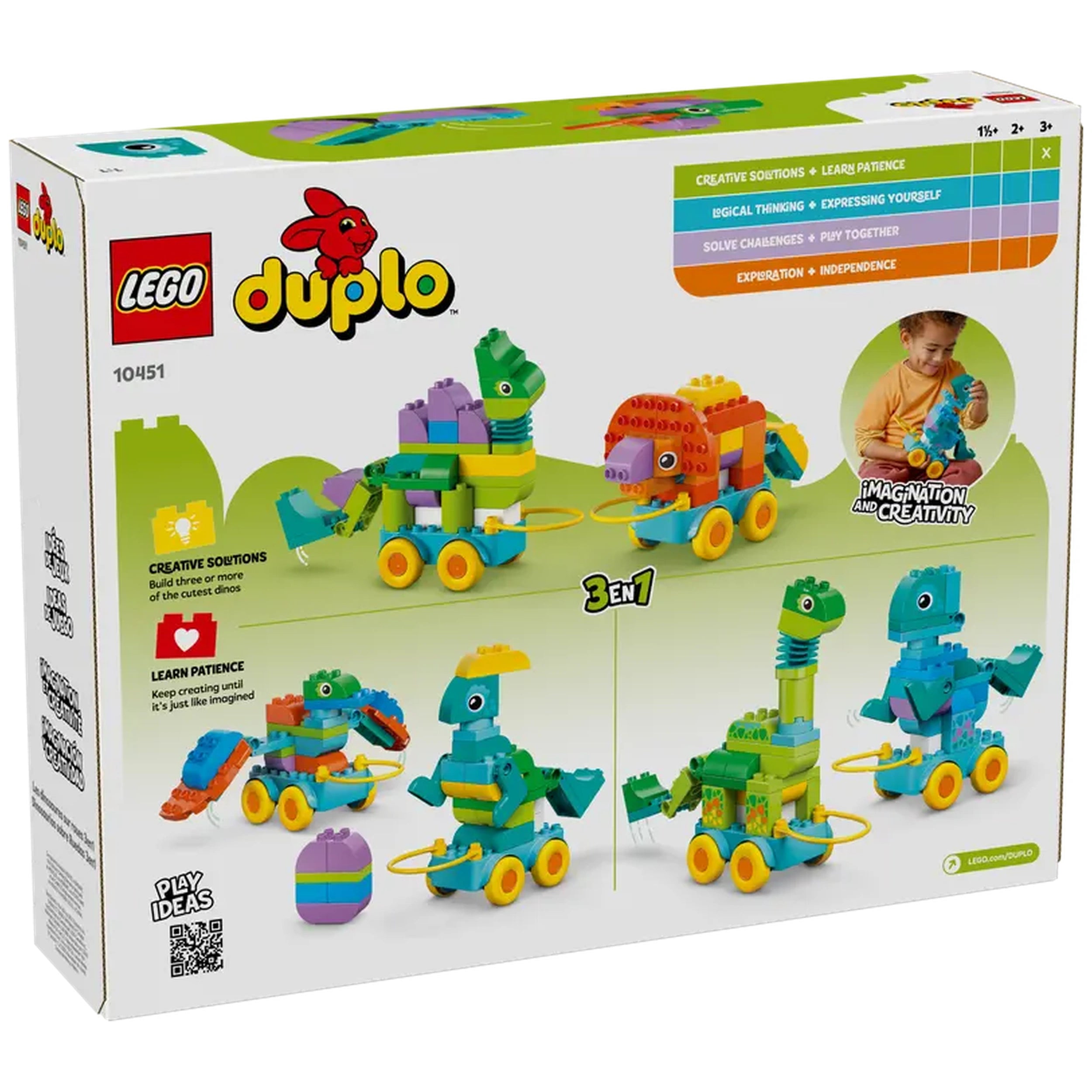 Colorful LEGO DUPLO 3in1 Dinosaurs on Wheels construction set featuring various dinosaur models on rolling bases.