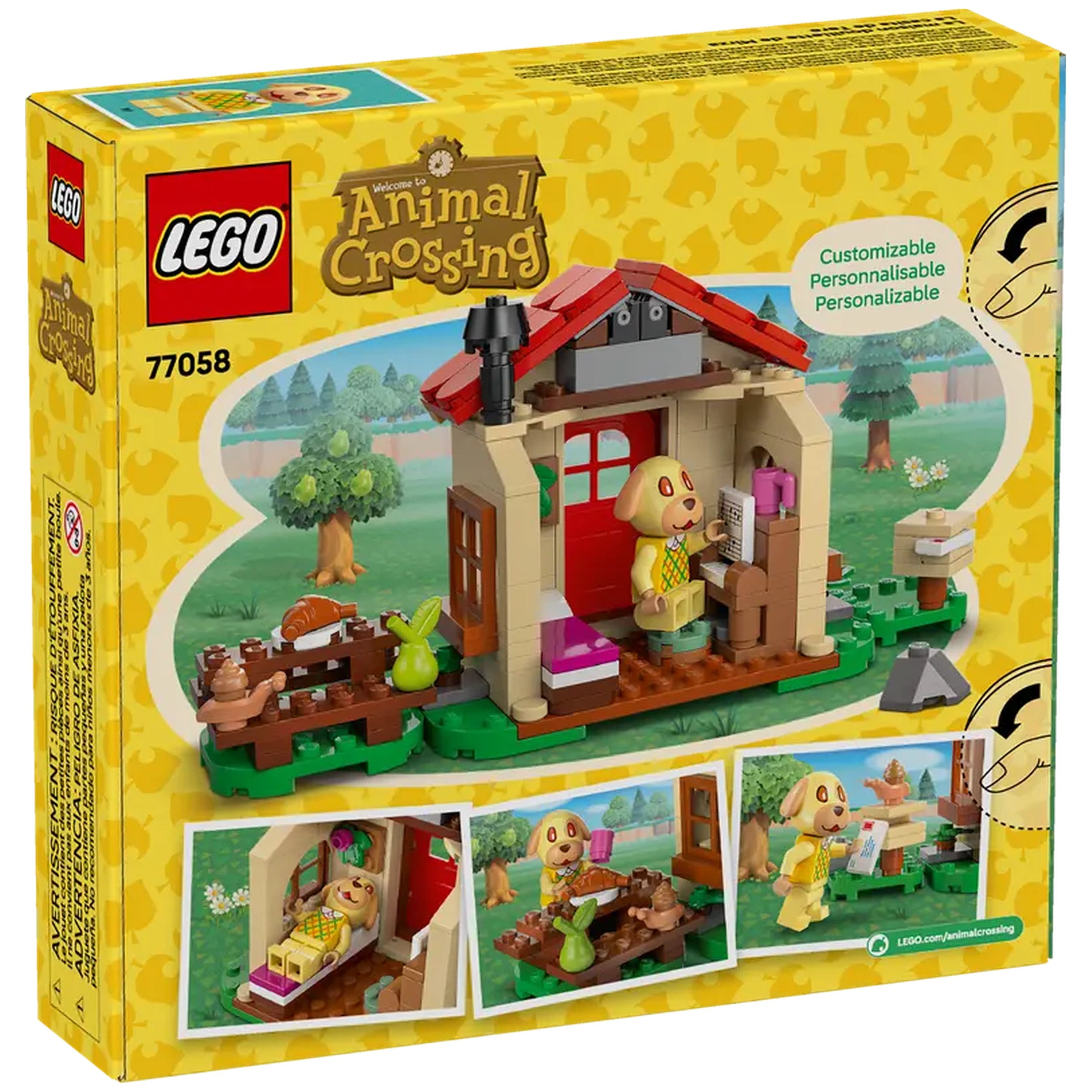 LEGO Animal Crossing Goldie's Cozy House set featuring a detailed dog minifigure, vibrant house, picnic table, and accessories.