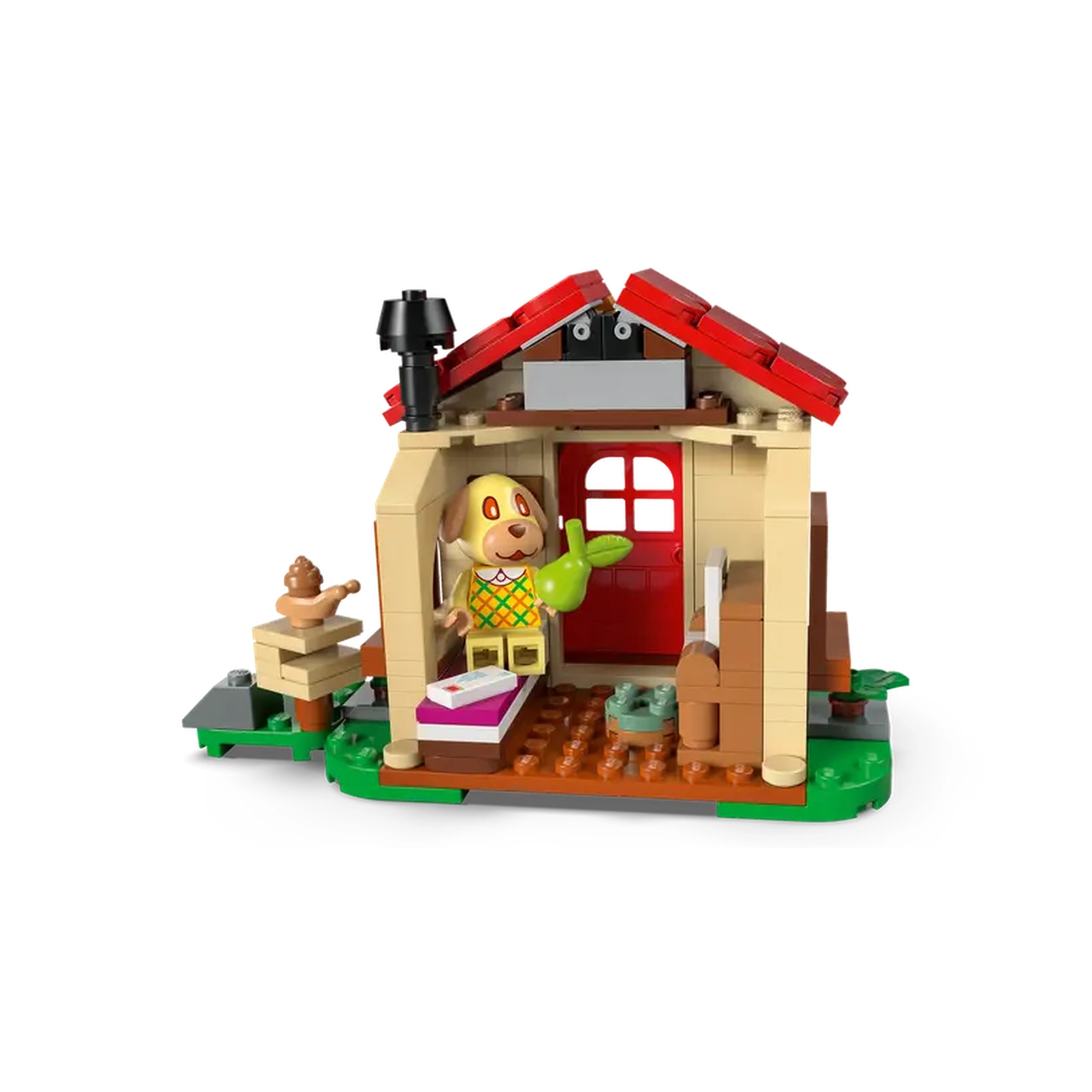 LEGO Animal Crossing set featuring Goldie the dog character sitting in a cozy red-roofed house with a picnic table outside.