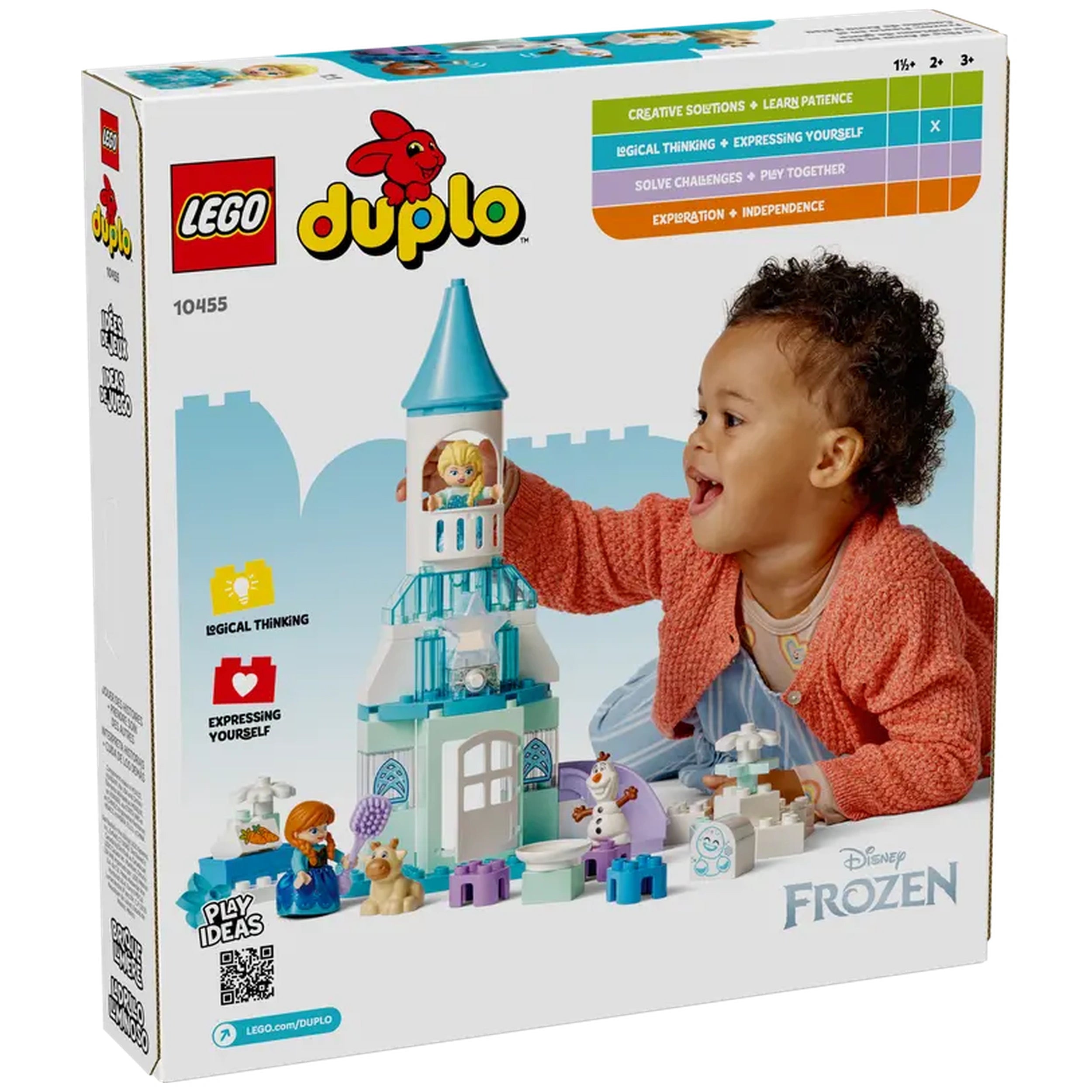 A toddler joyfully plays with the LEGO® DUPLO® Disney Frozen Castle Party set, featuring a colorful castle and characters like Elsa and Olaf.