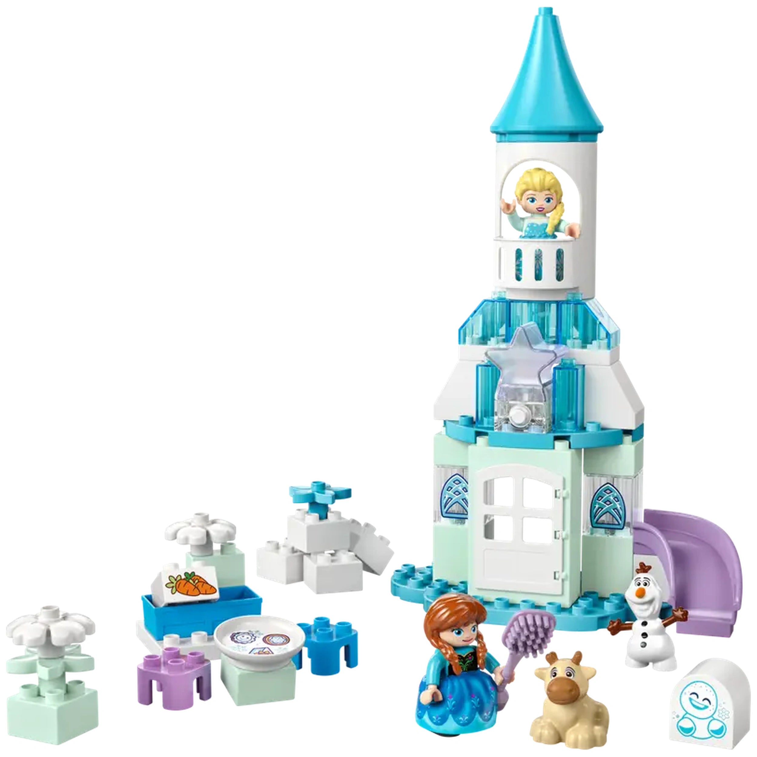 LEGO® DUPLO® Disney Frozen Castle Party set with Elsa and Anna figures, colorful building blocks, and accessories including Olaf and Baby Sven.