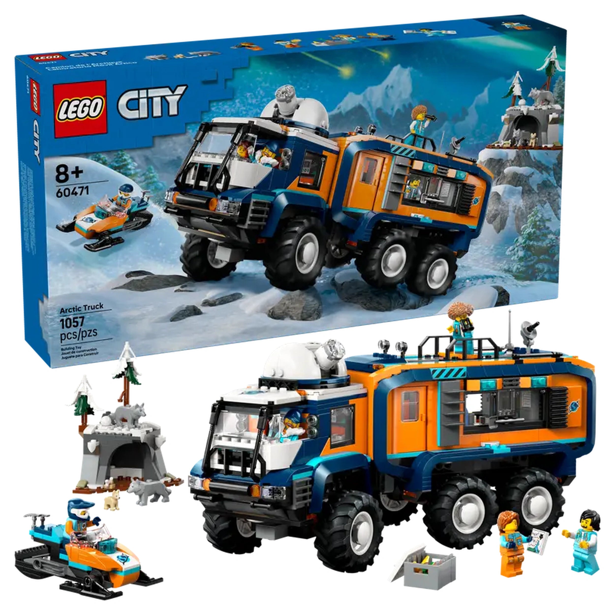 LEGO Arctic Explorer Science Lab Truck set featuring a detailed orange and blue truck, snowmobile, and arctic scene with figures and accessories.