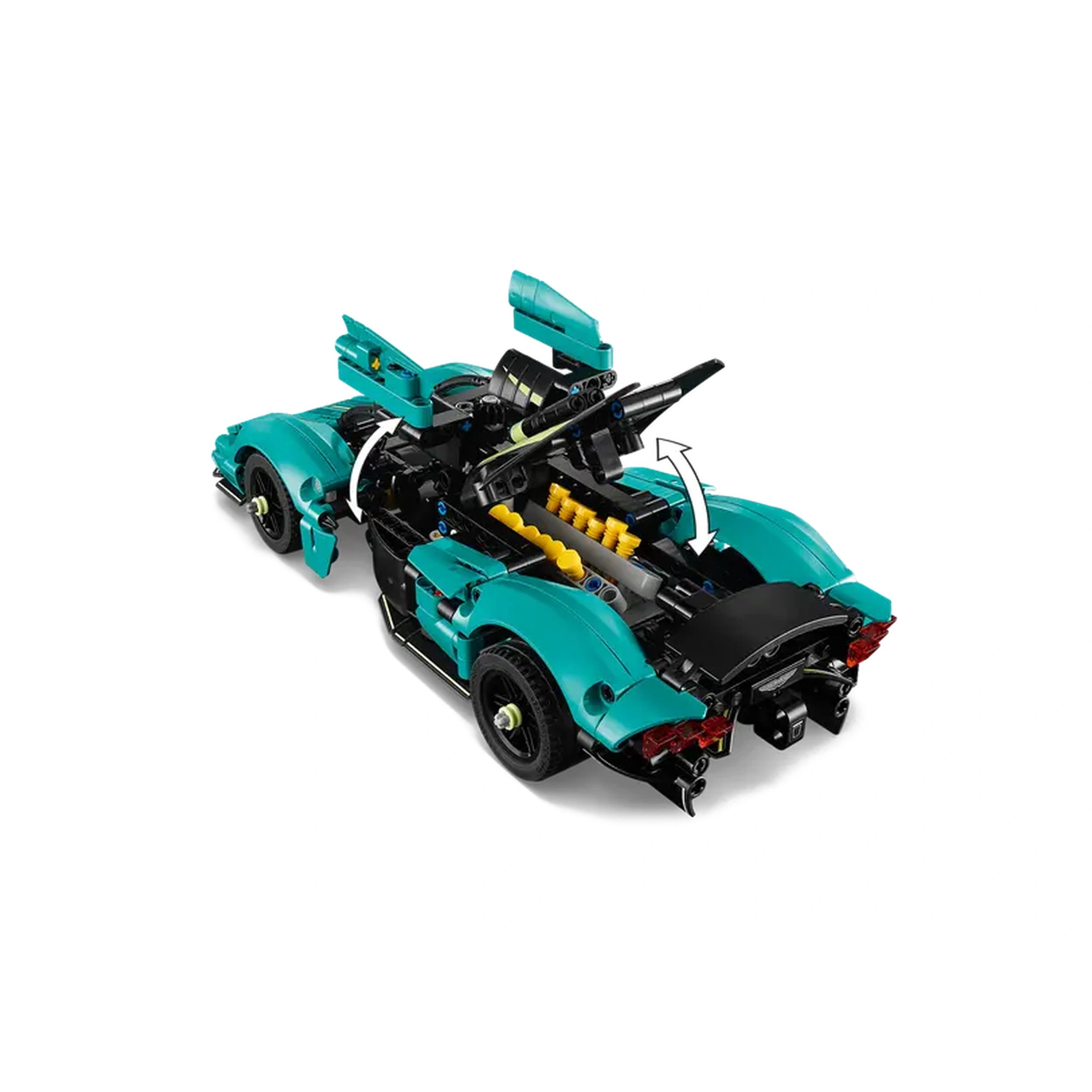 LEGO Aston Martin Valkyrie construction set featuring a sleek teal body, detailed interior with a visible V12 engine, and gullwing doors open.