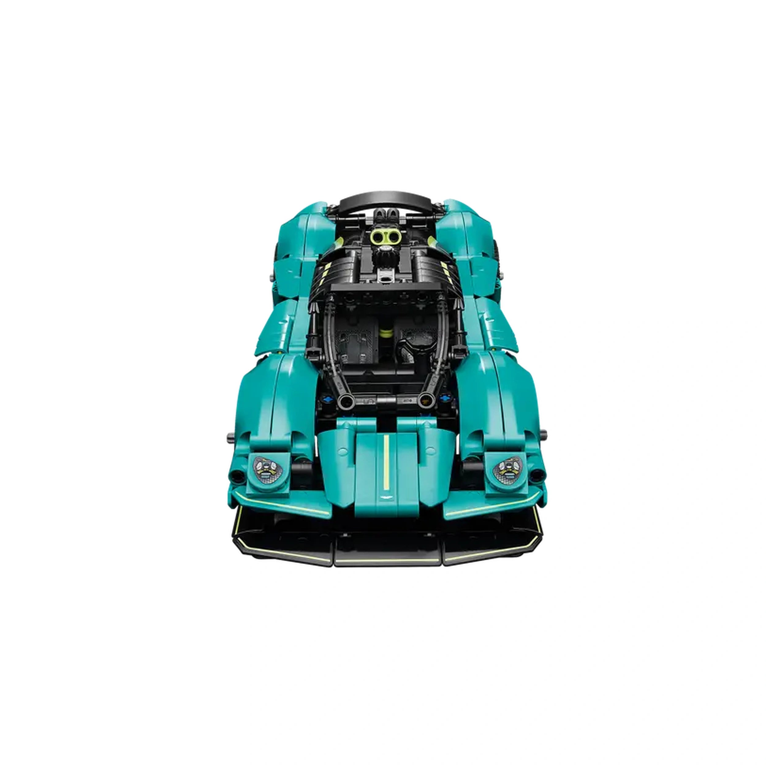 LEGO 42208 Aston Martin Valkyrie construction set in bright teal, showcasing intricate details, open gullwing doors, and visible V12 engine components.