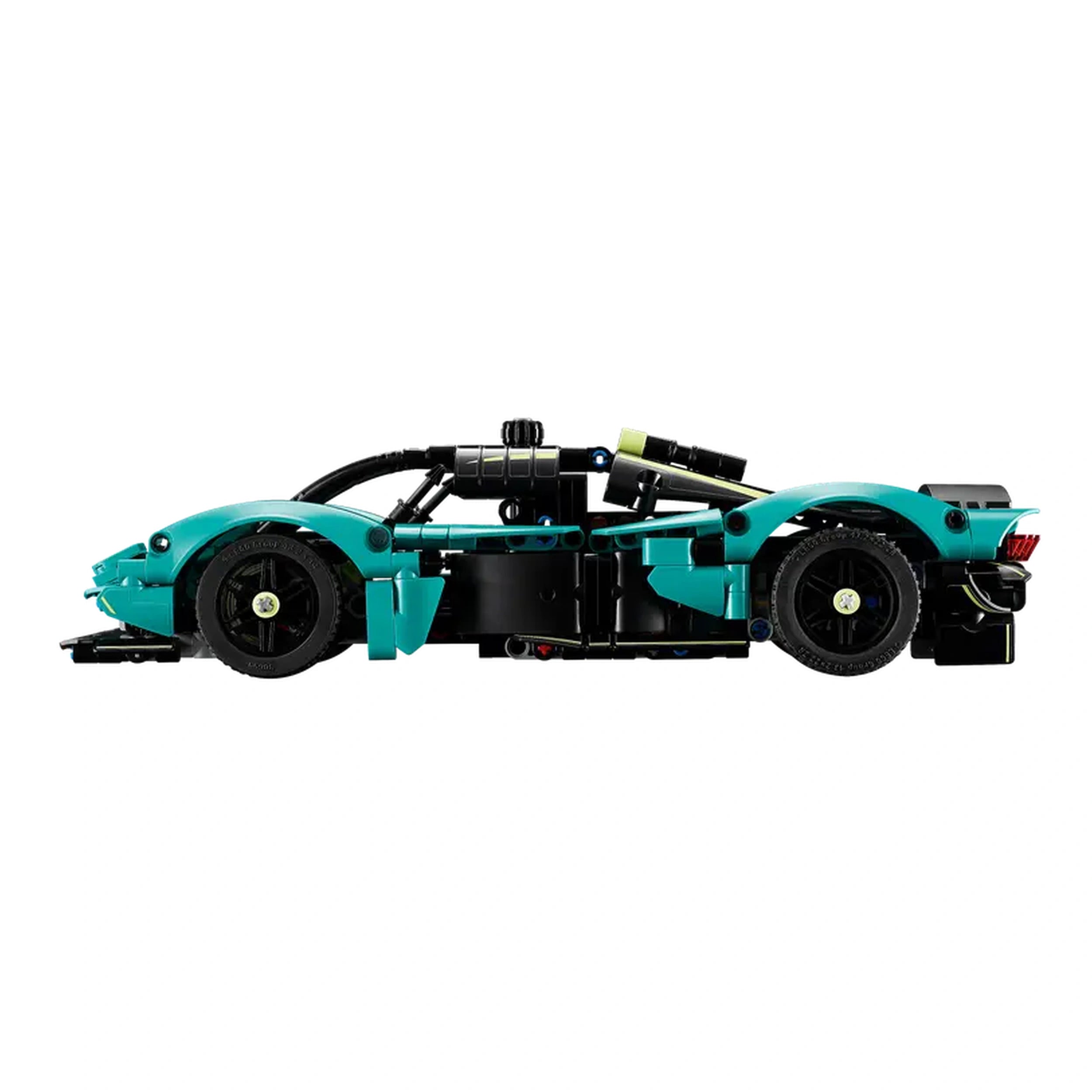 LEGO Aston Martin Valkyrie construction set in teal and black, showcasing sleek design and intricate details from a side view.