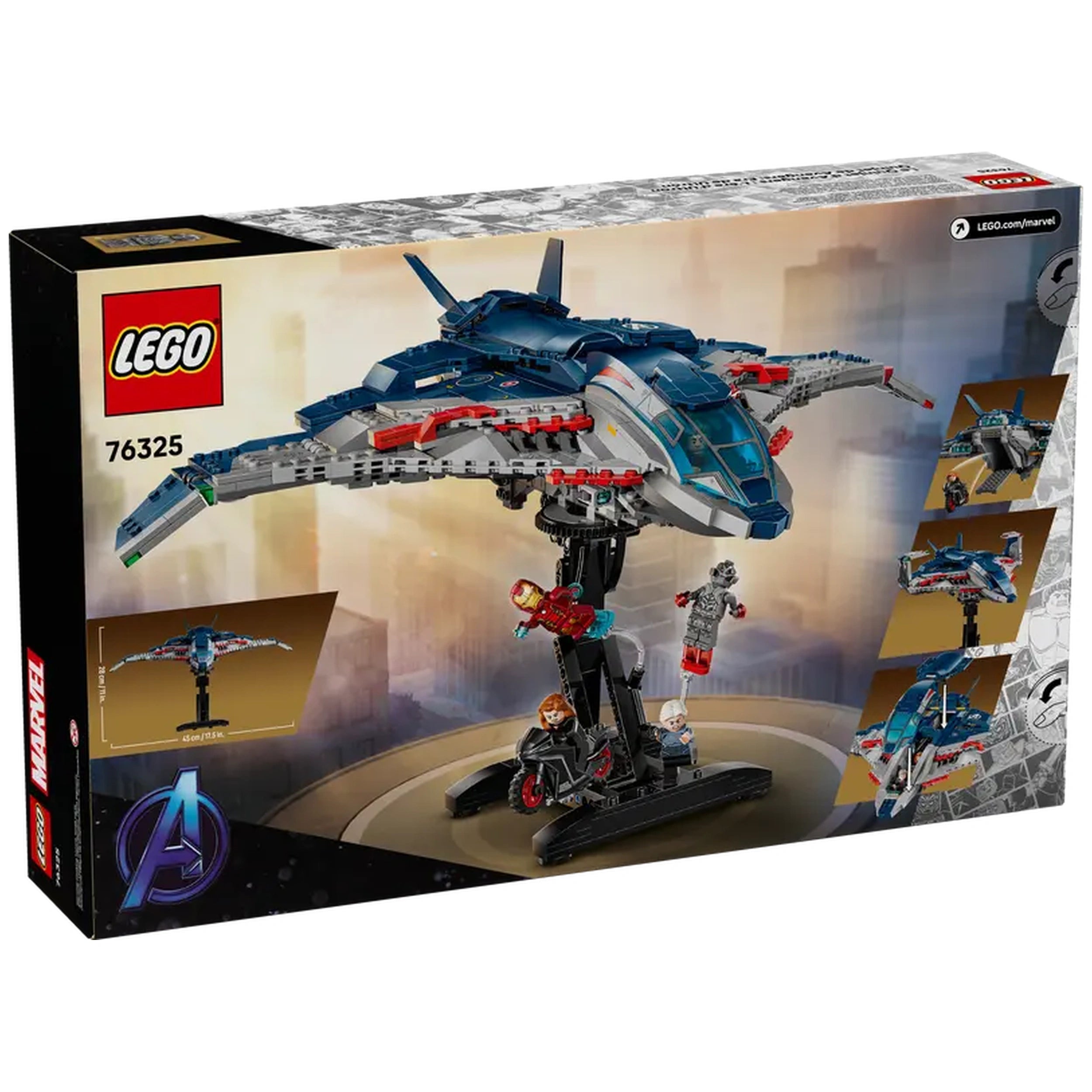 LEGO Avengers Quinjet construction set (76325) featuring intricate details, opening cockpit, and minifigures, displayed against a dynamic background.