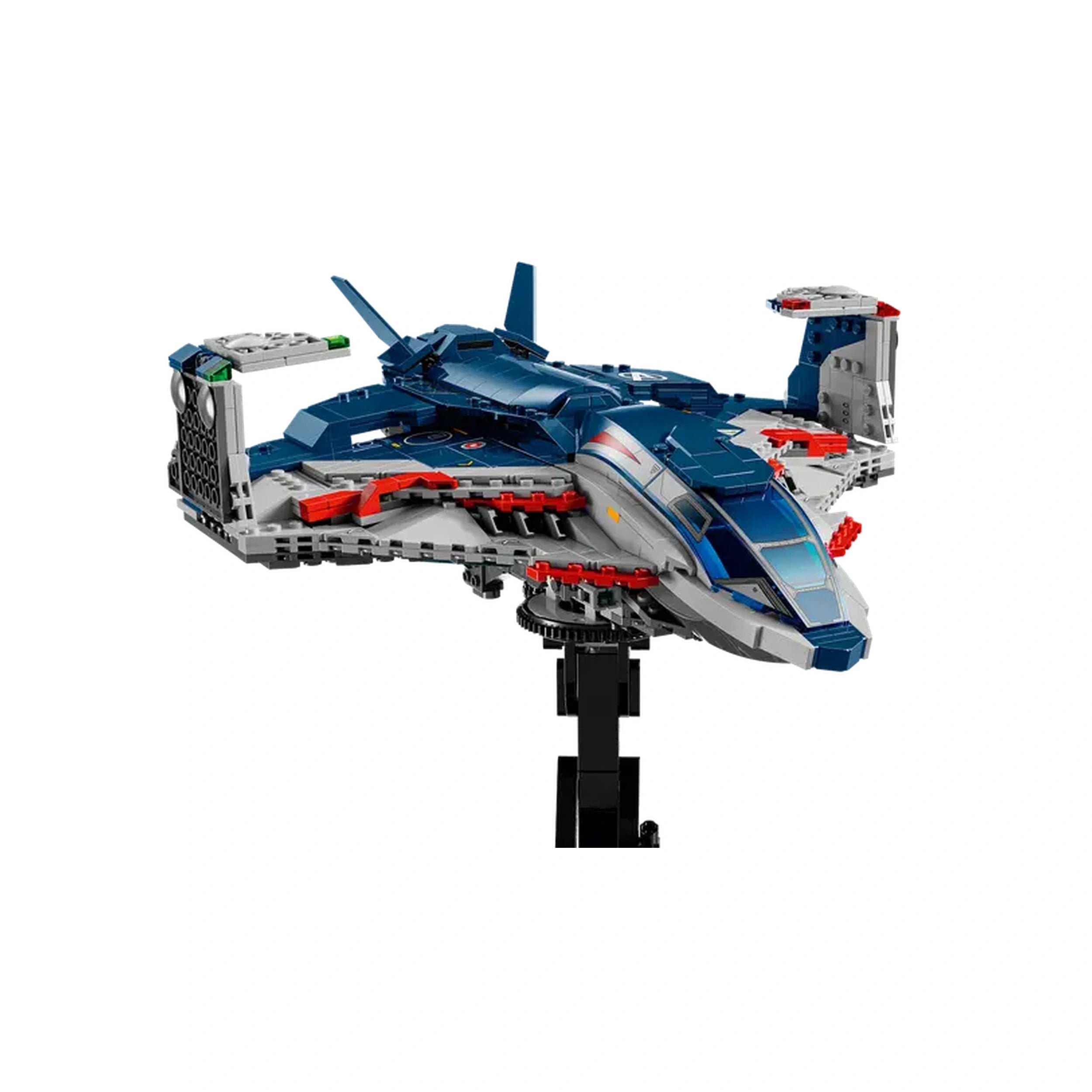 LEGO Avengers Quinjet model featuring sleek blue and gray design, with red accents and opening cockpit, displayed on a stand.