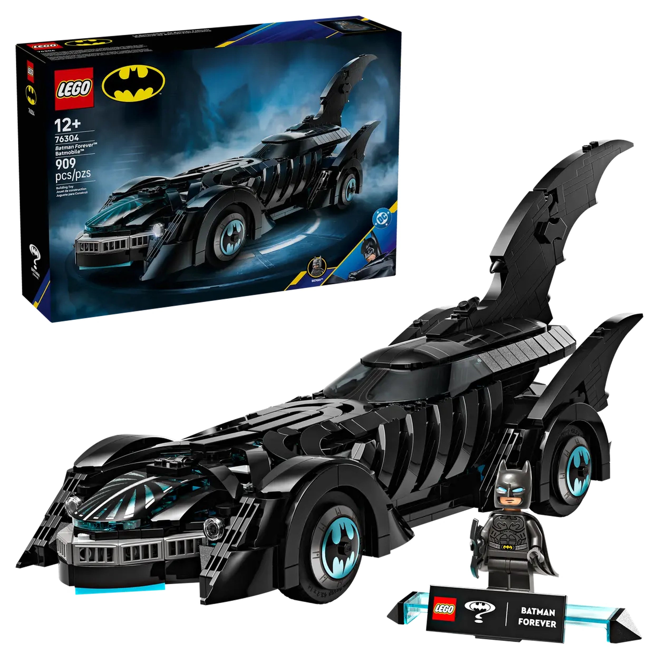LEGO Batman Forever Batmobile set featuring a sleek black car with iconic bat-like wings and a Batman minifigure with a display stand.
