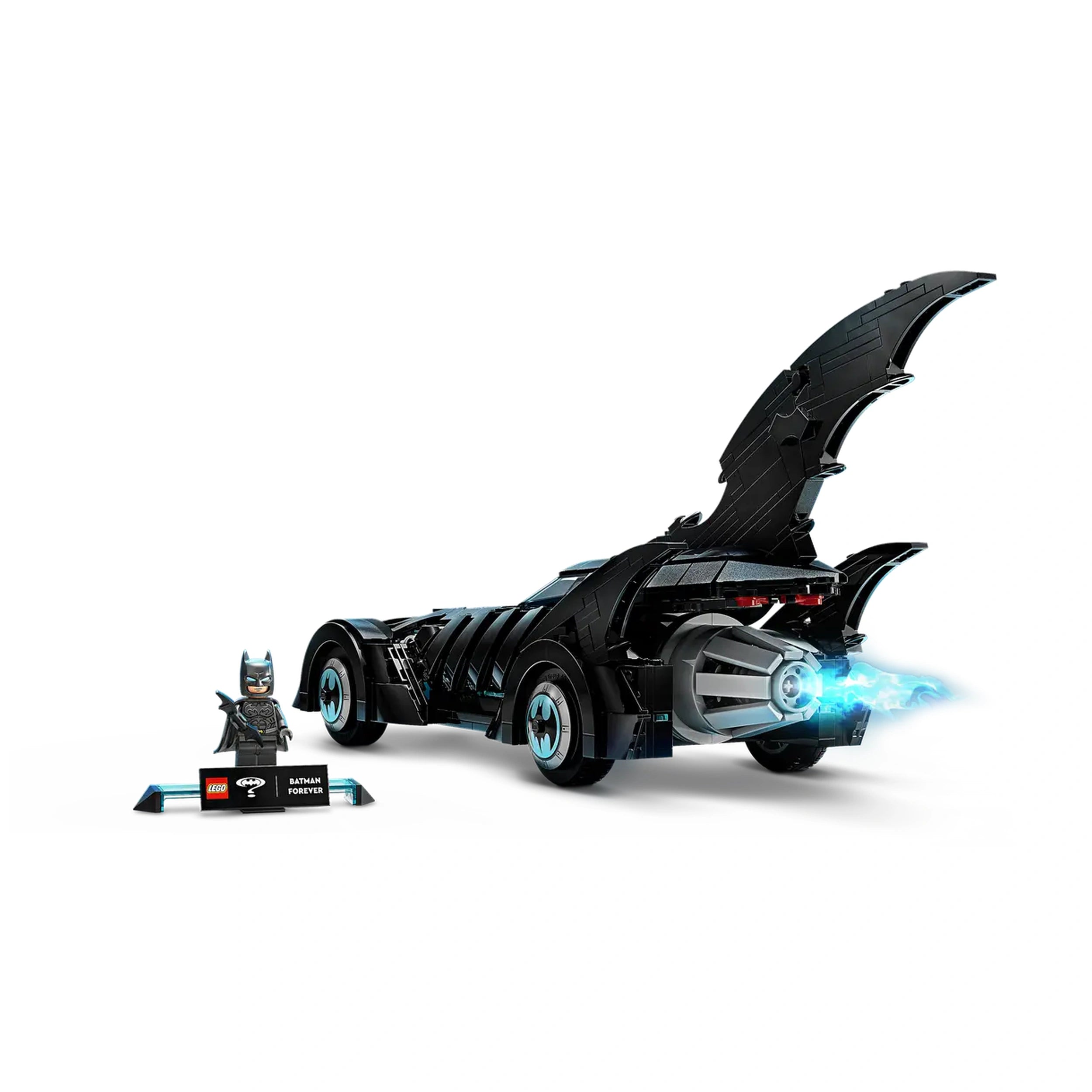 LEGO Batman Forever Batmobile in black design with iconic fins, featuring detailed rear engine and a Batman minifigure on a display stand.