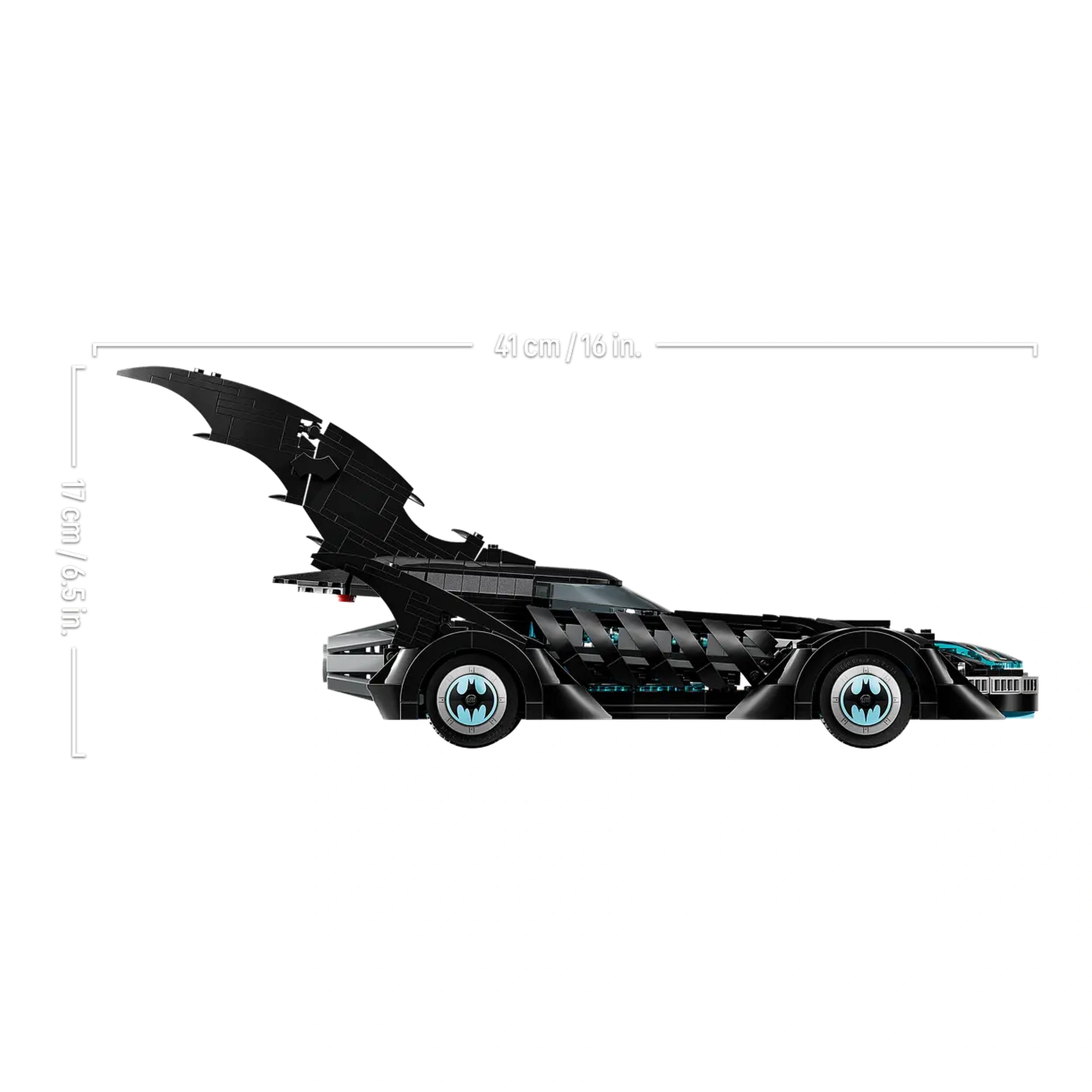 LEGO Batman™ Forever Batmobile™ in sleek black design, featuring bat-shaped fins and iconic bat insignia on wheels, showcasing 909 detailed pieces.