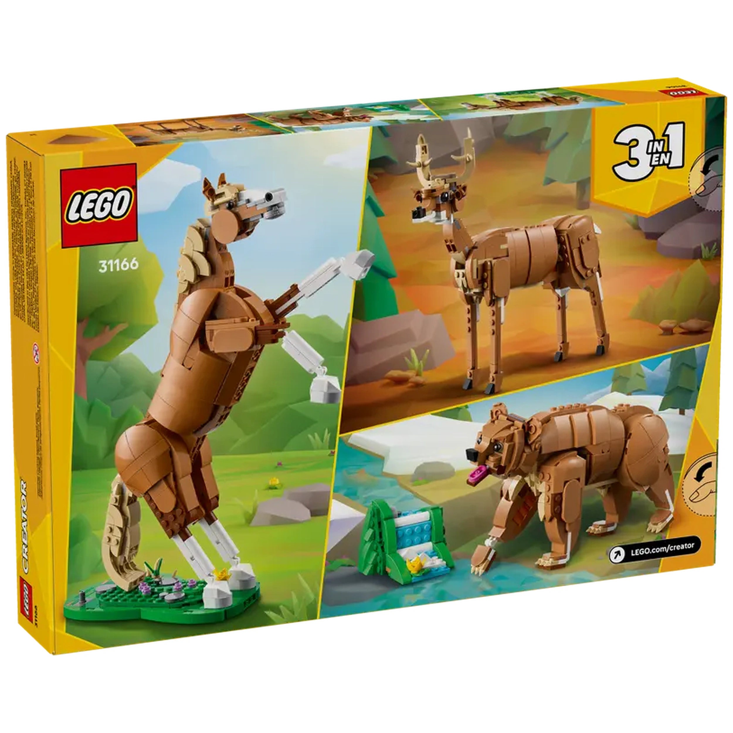 LEGO Creator Beautiful Horse (31166) set featuring a dynamic horse model rearing, a deer, and a bear near a waterfall, set in a vibrant nature scene.