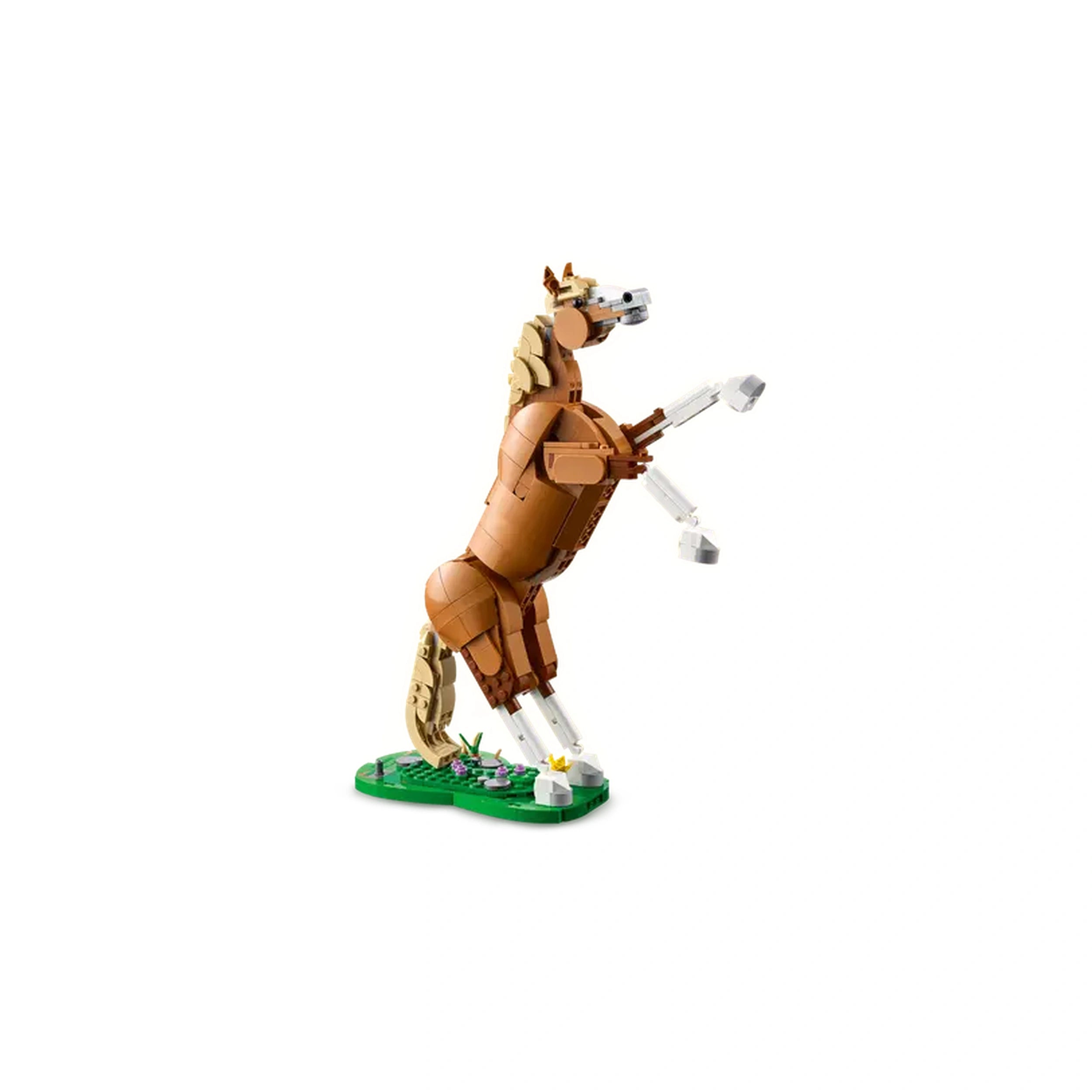 Posable LEGO Creator horse in brown, rearing on its hind legs atop a green grass-effect base with flowers.