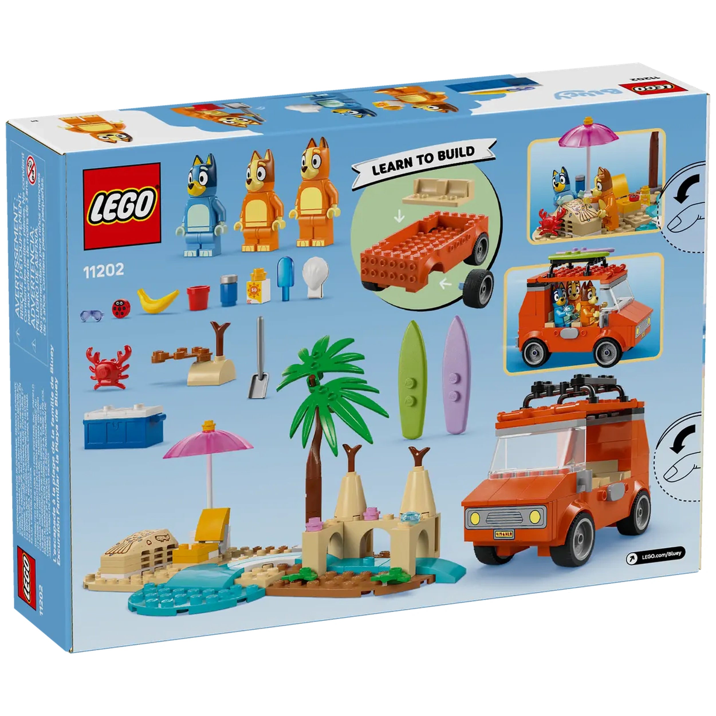 LEGO Bluey's Beach & Family Car Trip set with colorful building blocks, minifigures of Bluey, Bingo, and Chilli, a bright orange car with surfboards, and beach accessories like a palm tree, sandcastle, and cooler.