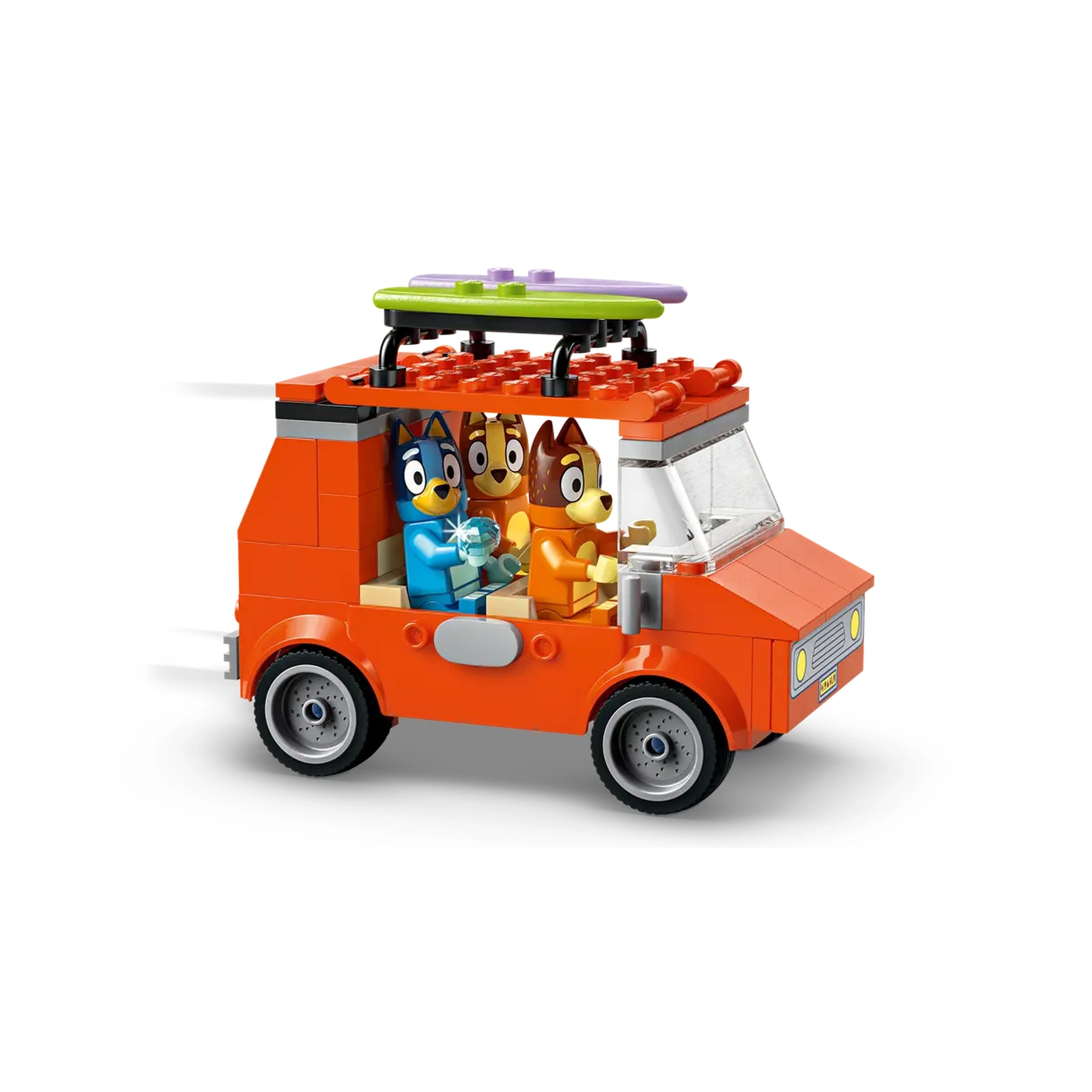 A vibrant LEGO family car in orange, featuring three characters from Bluey. The car has surfboards on top and includes playful design elements for imaginative adventures.