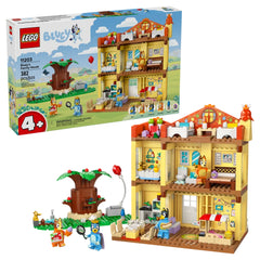 LEGO Bluey's Family House set featuring a colorful two-story playhouse with modular rooms, playful accessories, and four minifigures: Bluey, Bingo, Chilli, and Bandit.