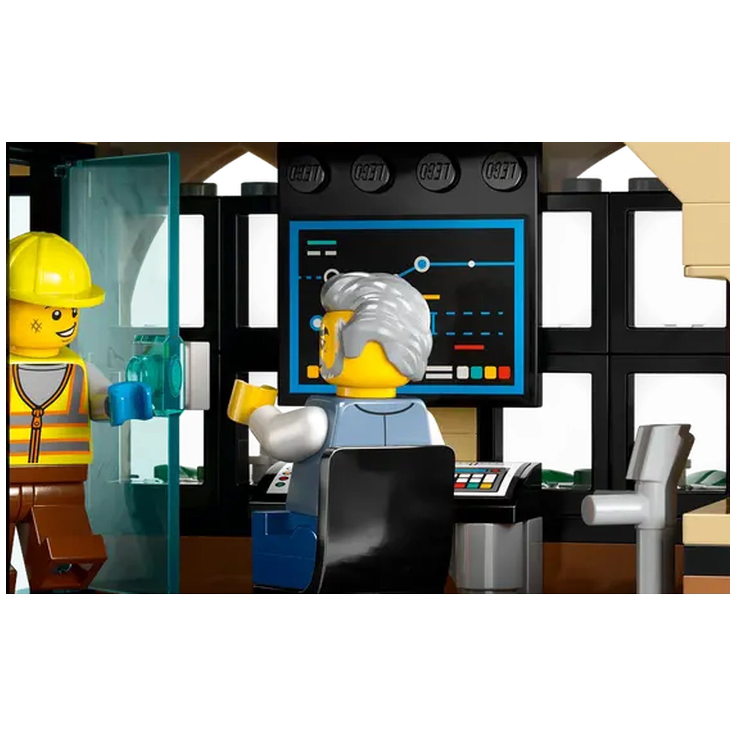 A LEGO scene showing a worker with a yellow hard hat greeting a gray-haired man in a blue shirt at a control room with screens.