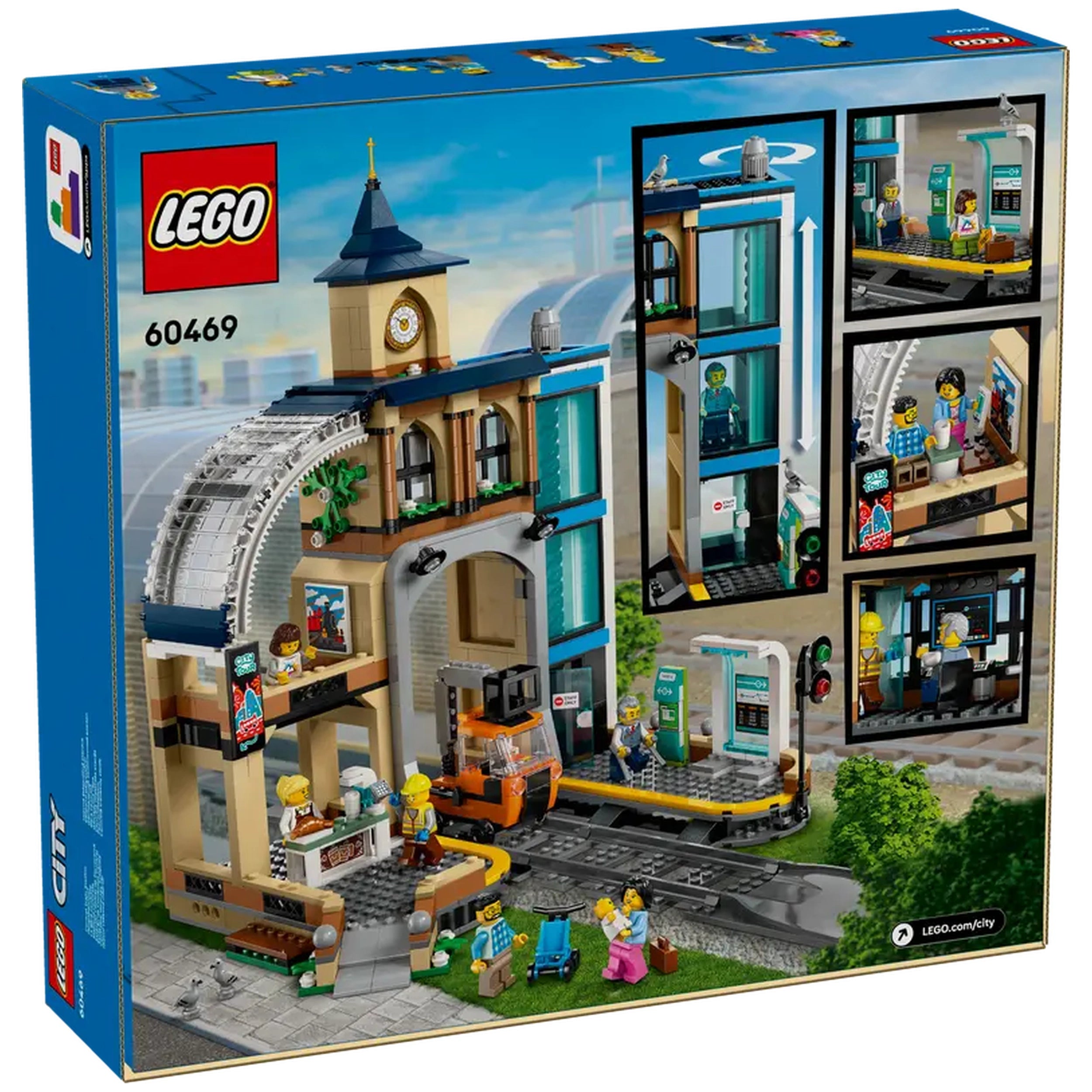 Colorful LEGO® City Central Train Station set featuring a detailed three-level building, a clock tower, and various interactive scenes.