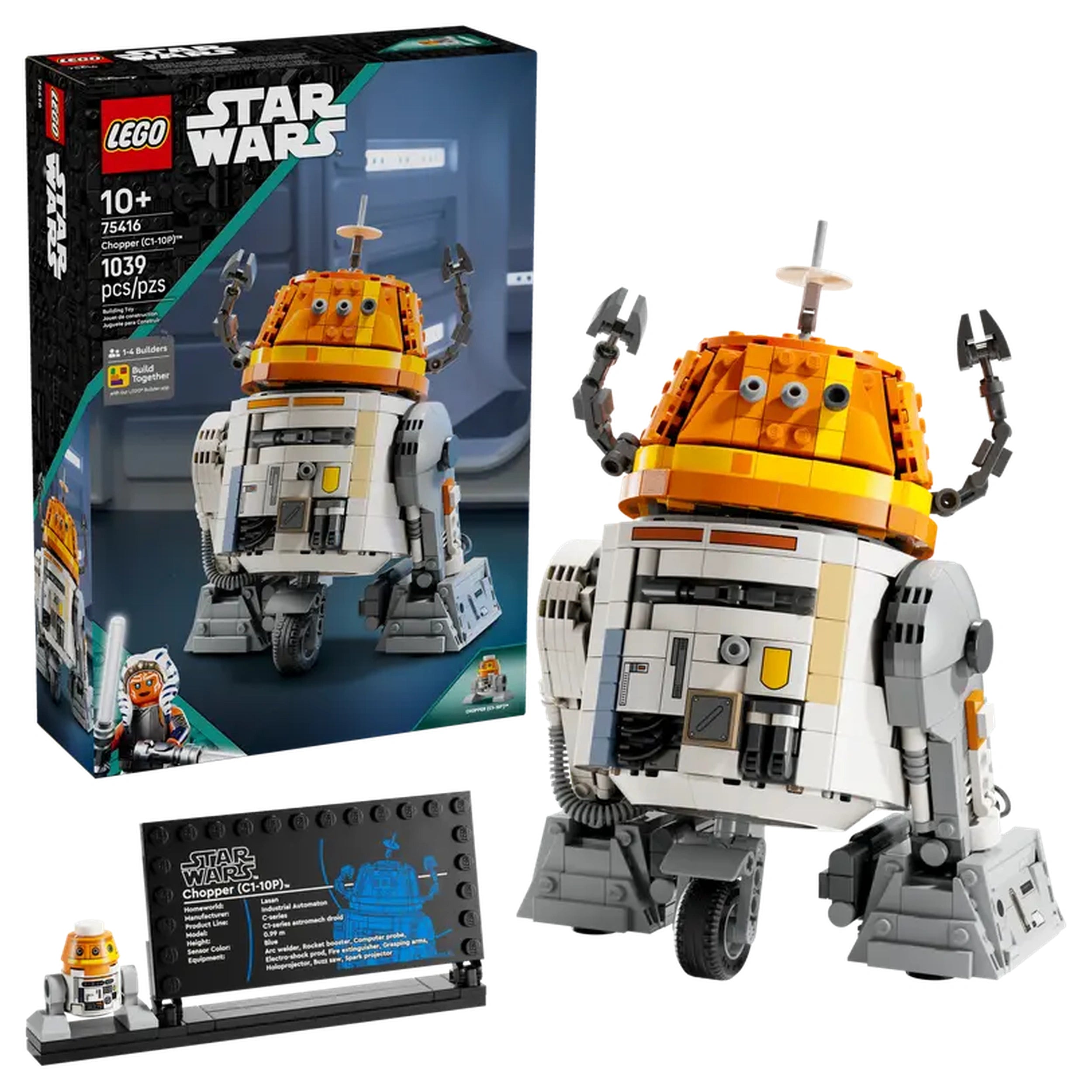LEGO Chopper (C1-10P)™ construction set featuring an intricate design with an orange dome, rotating head, and articulated arms, alongside a small minifigure and a display stand on a blurred background.