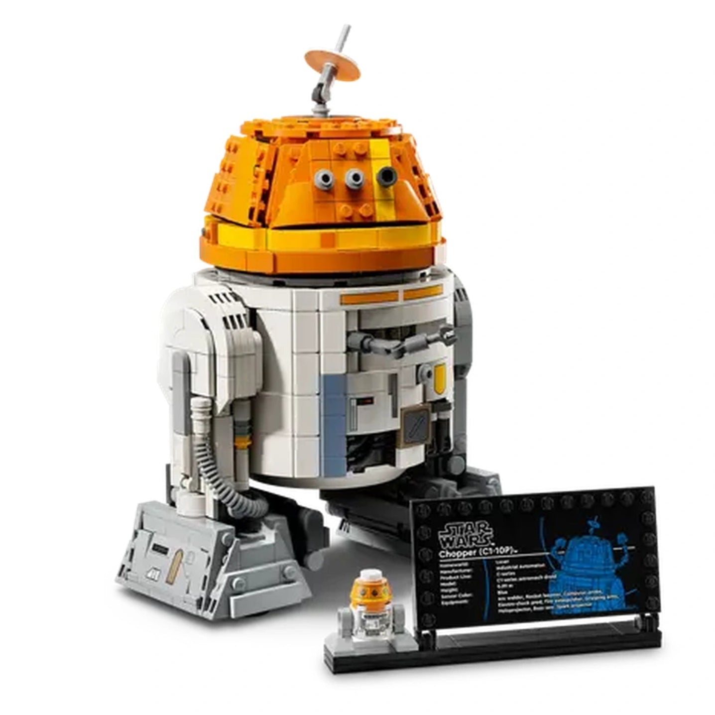 LEGO Chopper C1-10P Astromech Droid set features vibrant orange and white pieces, with a rotating head and an antenna. A small Chopper figure stands next to a display card showcasing details about the character.