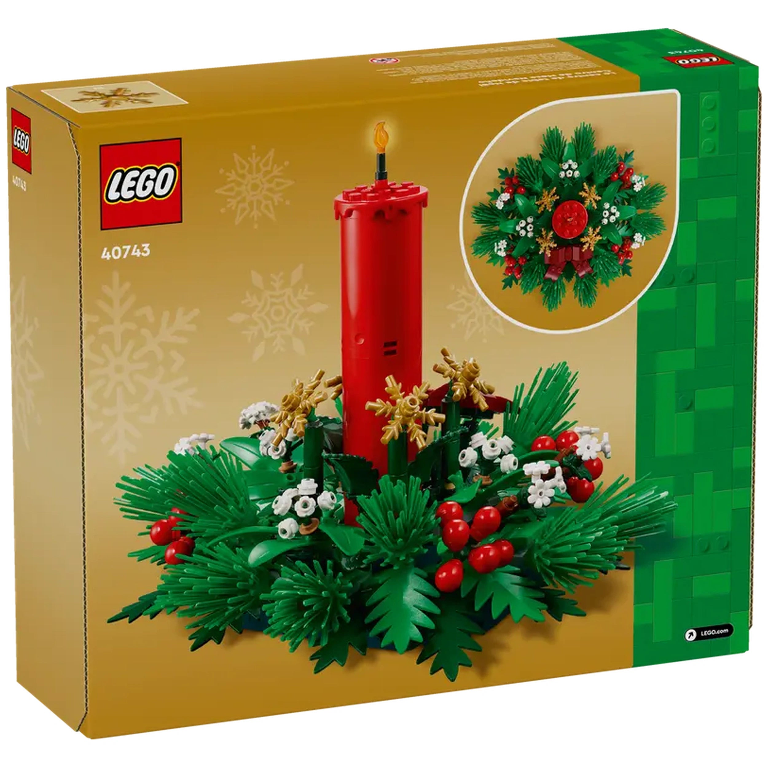 LEGO® Christmas Table Decoration set features a bright red candle surrounded by green foliage, golden stars, and red berries on a festive box.