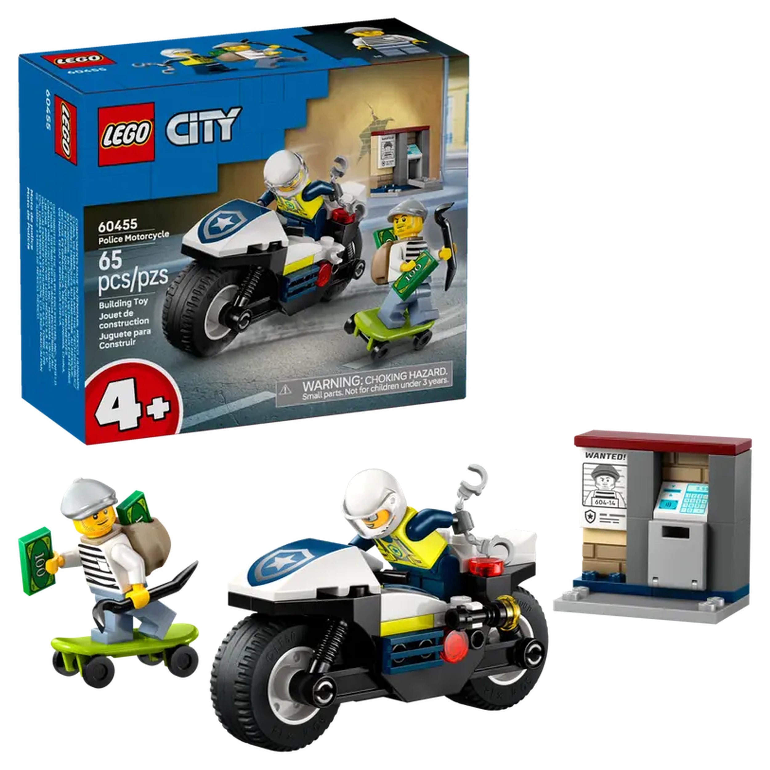LEGO City Police Motorcycle Chase set featuring a police officer on a motorbike, a crook on a skateboard, and a mock ATM.