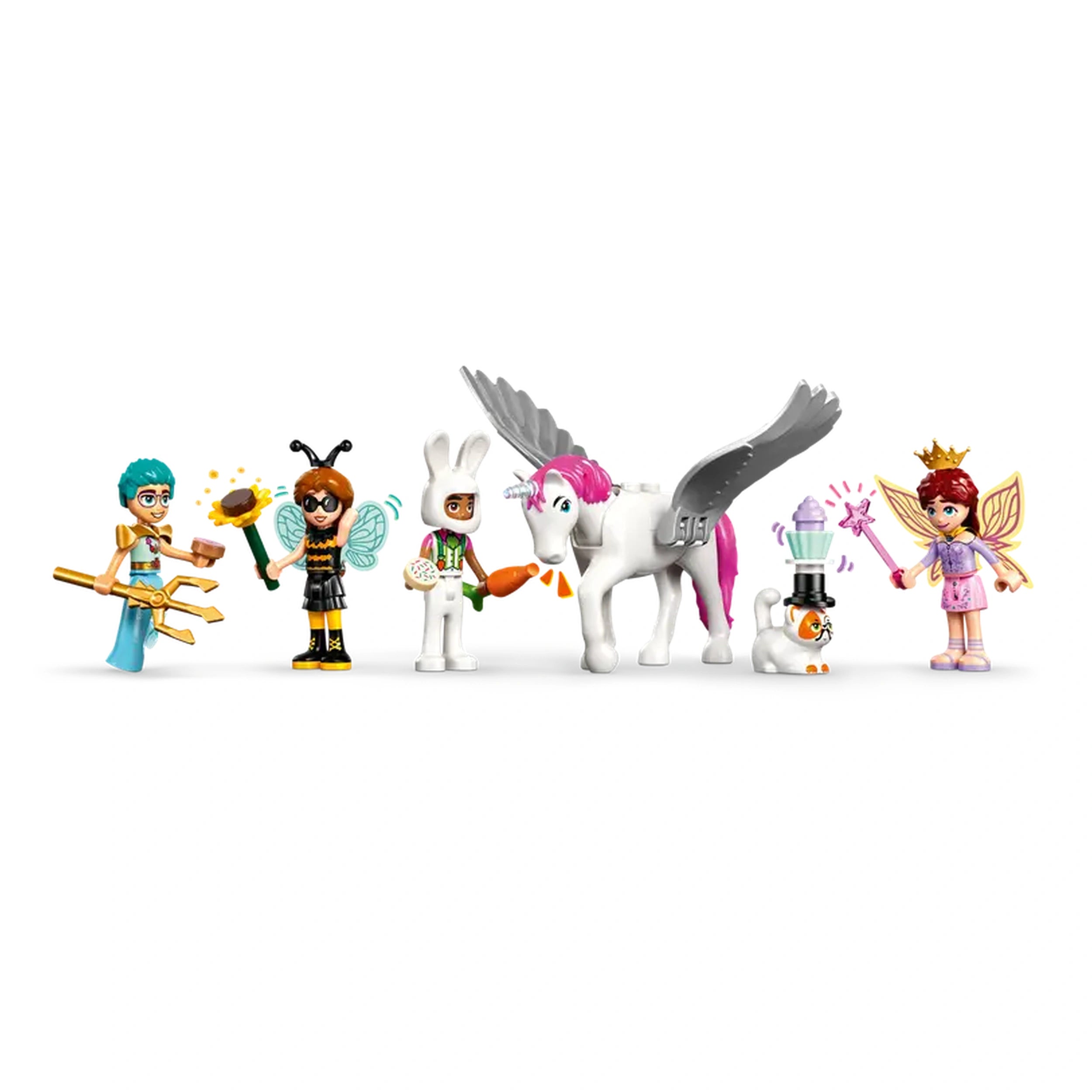 Five colorful LEGO Friends characters are gathered for a costume party. They include a bumblebee, a magician, a bunny, a fairy, and a unicorn figure, alongside a playful cat. Each character showcases vibrant outfits and accessories, promoting imaginative play.