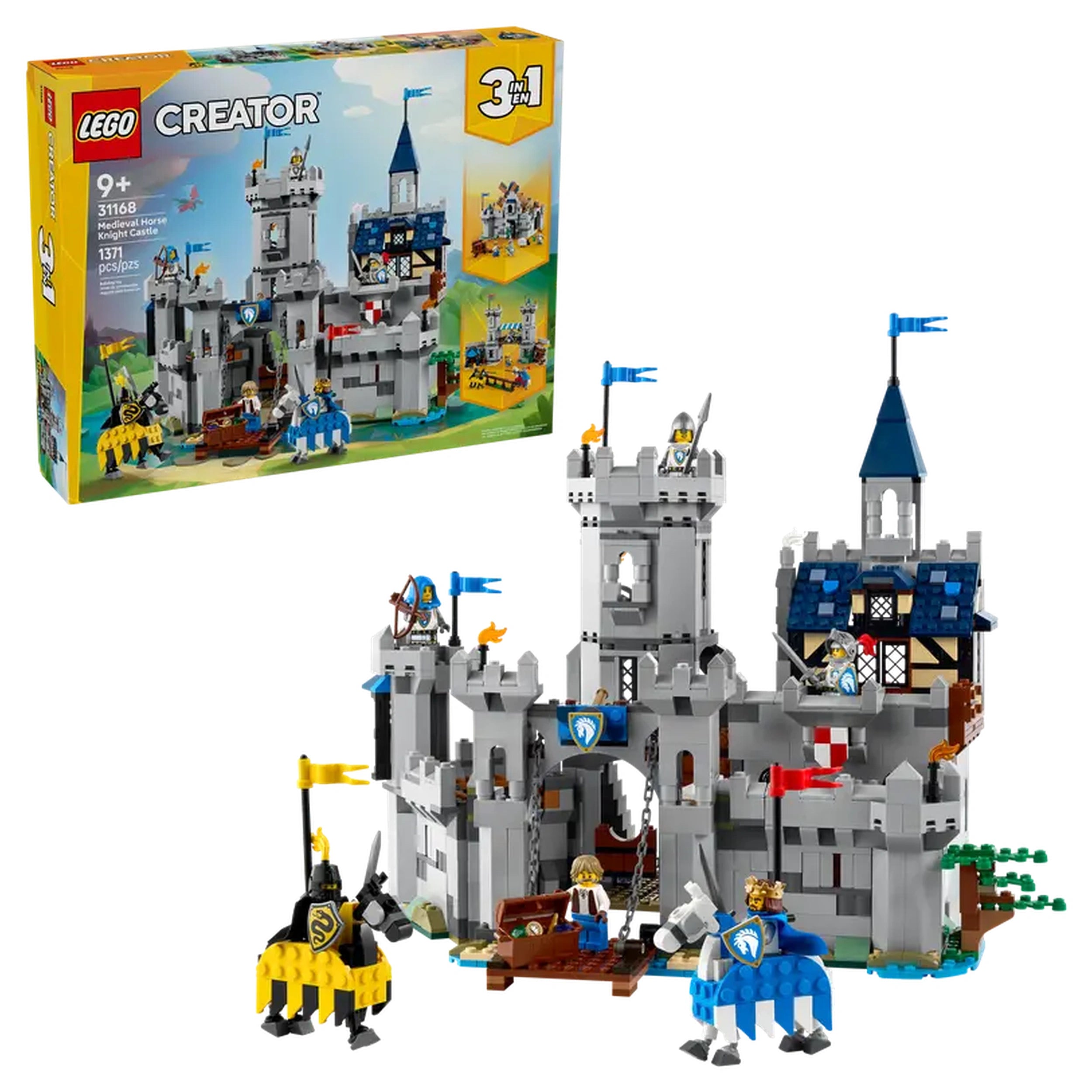 LEGO Creator 3in1 Medieval Horse Knight Castle features a detailed castle with towers, flags, and knight minifigures. A stable, drawbridge, and treasure chest enhance imaginative play.