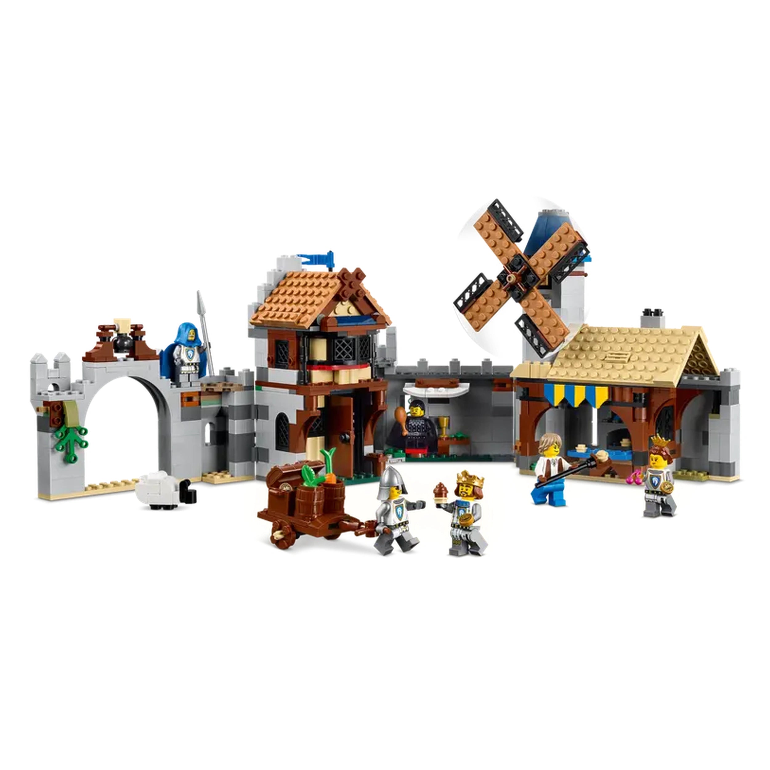 LEGO Creator 3in1 Medieval Horse Knight Castle featuring a detailed castle with a wooden windmill, knights, and various accessories.