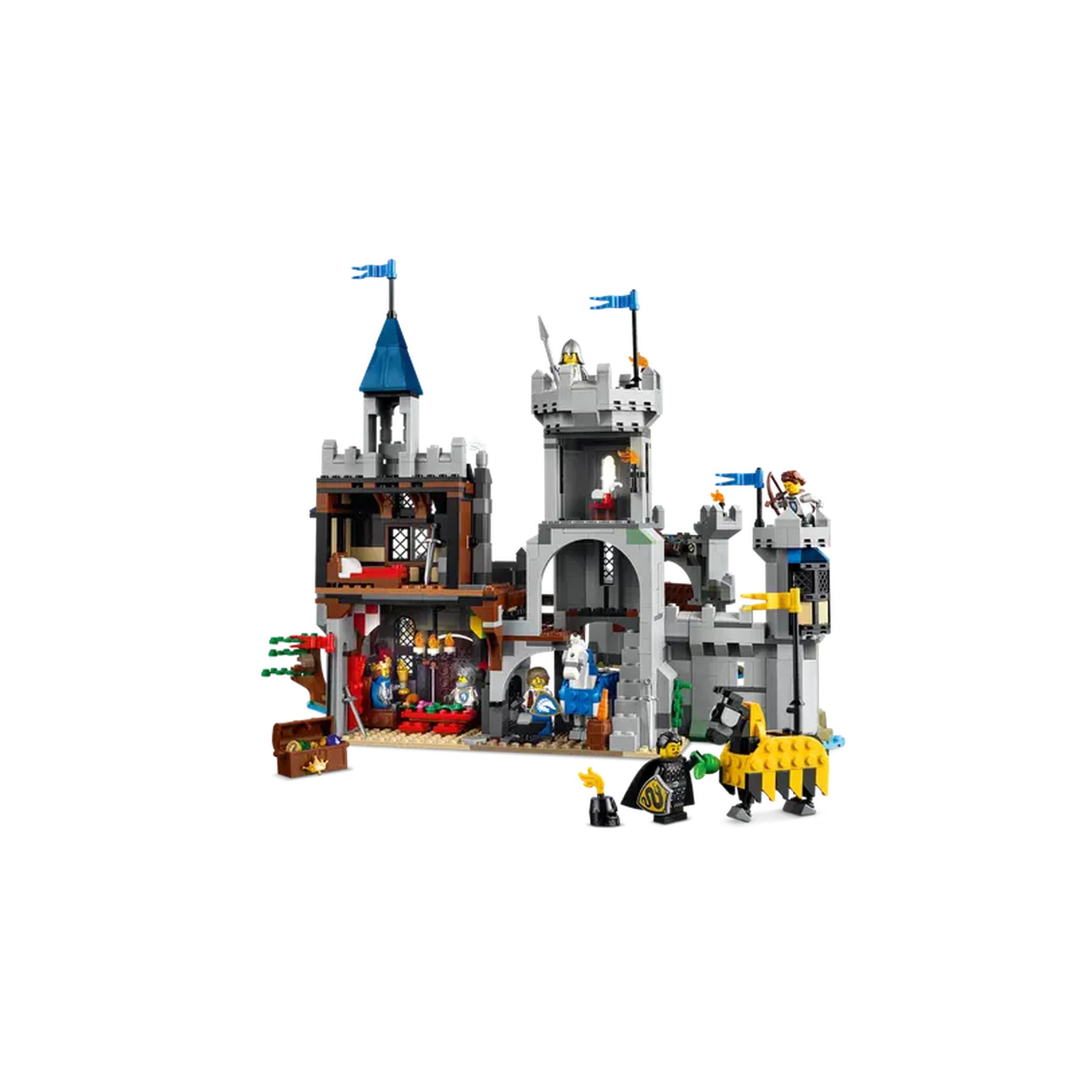 Colorful LEGO® Creator 3in1 Medieval Horse Knight Castle set featuring towers, a drawbridge, and various characters.