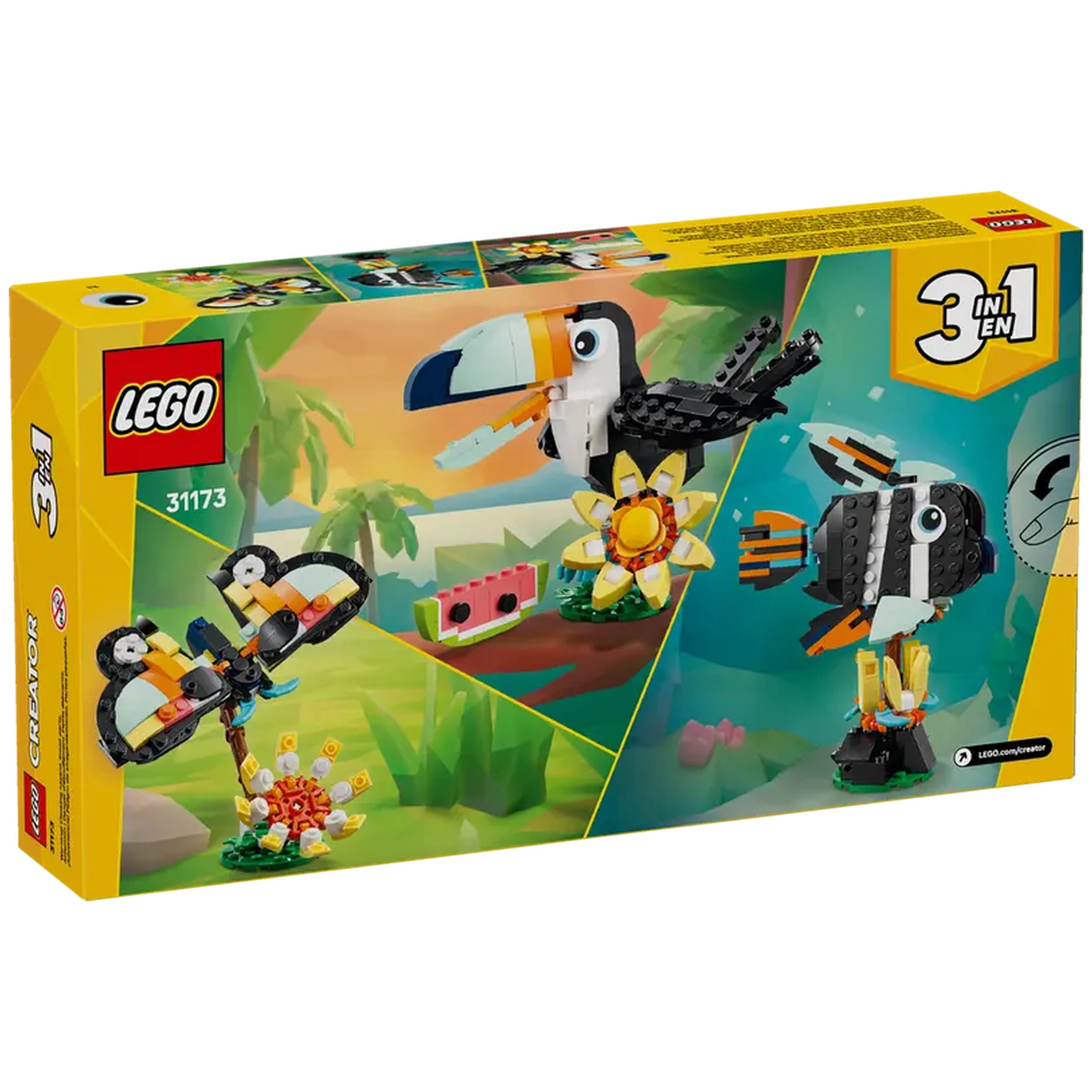 LEGO Creator 3in1 Tropical Toucan set featuring a toucan on a colorful flower, with a vibrant butterfly and fish models illustrated on the box.