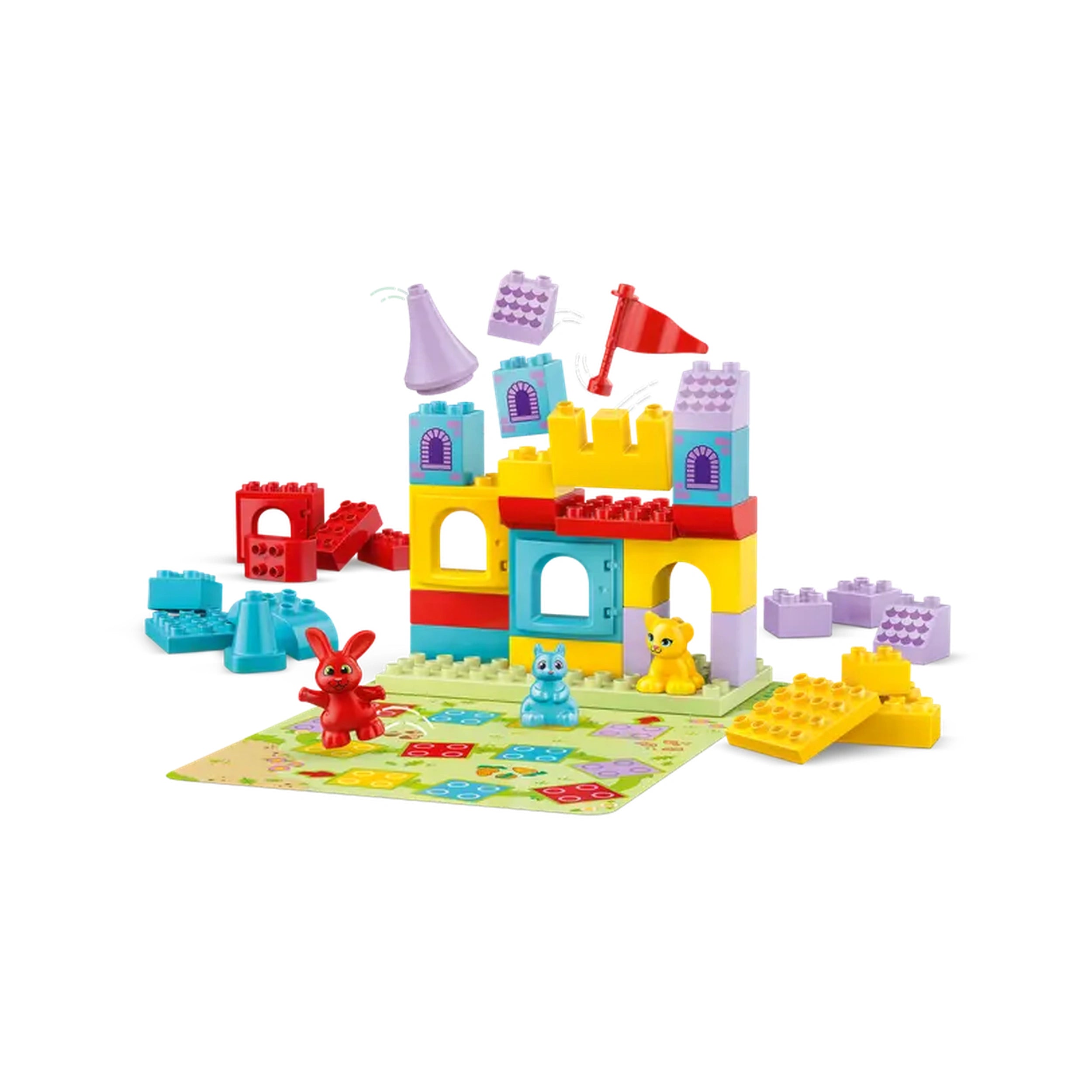Colorful LEGO DUPLO Hopsy’s Castle Game set featuring a castle, animal figures, and various building blocks on a play mat.