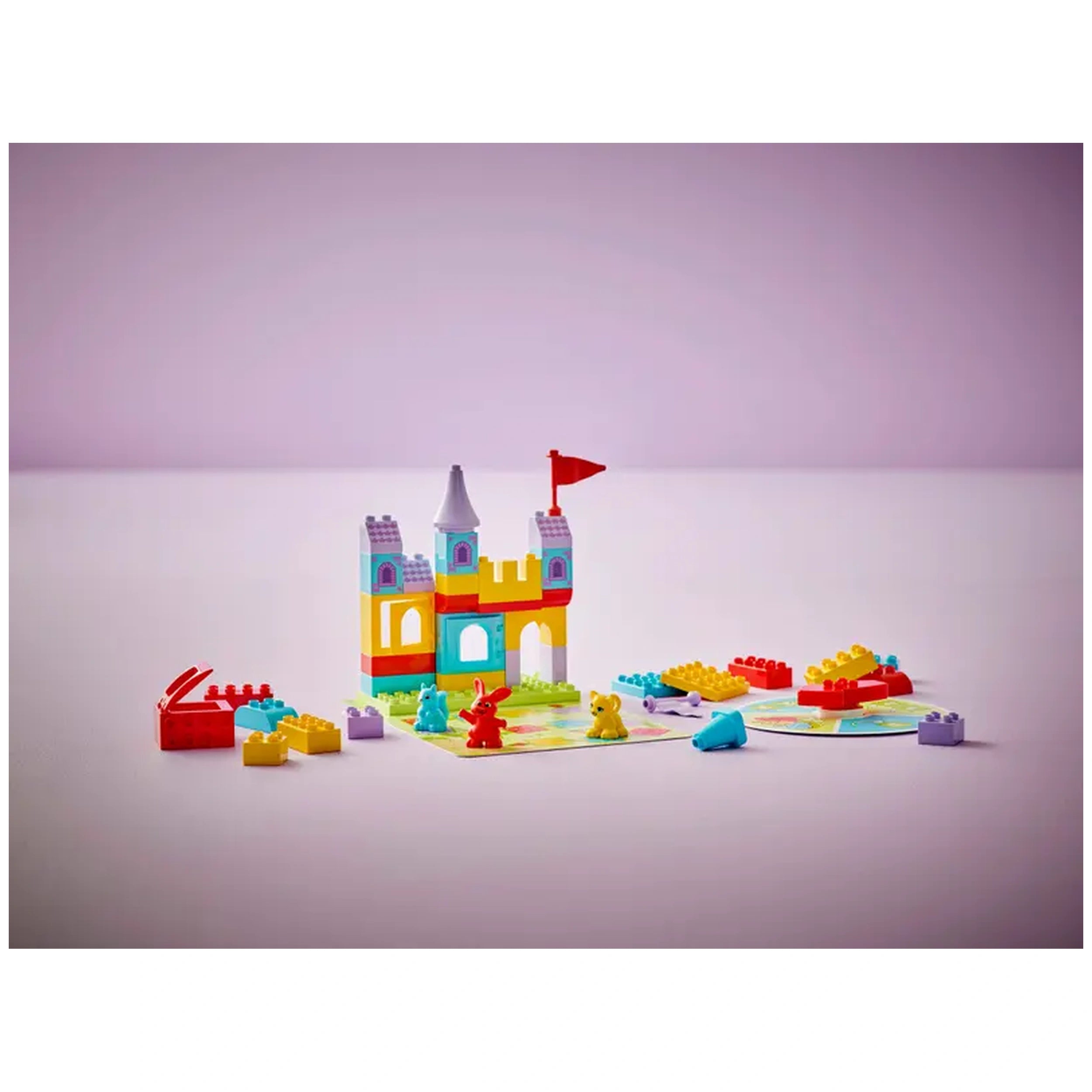 Colorful LEGO® DUPLO® Hopsy’s Castle Game featuring a vibrant castle with a flag, animal figures, and a play board set on a light background.