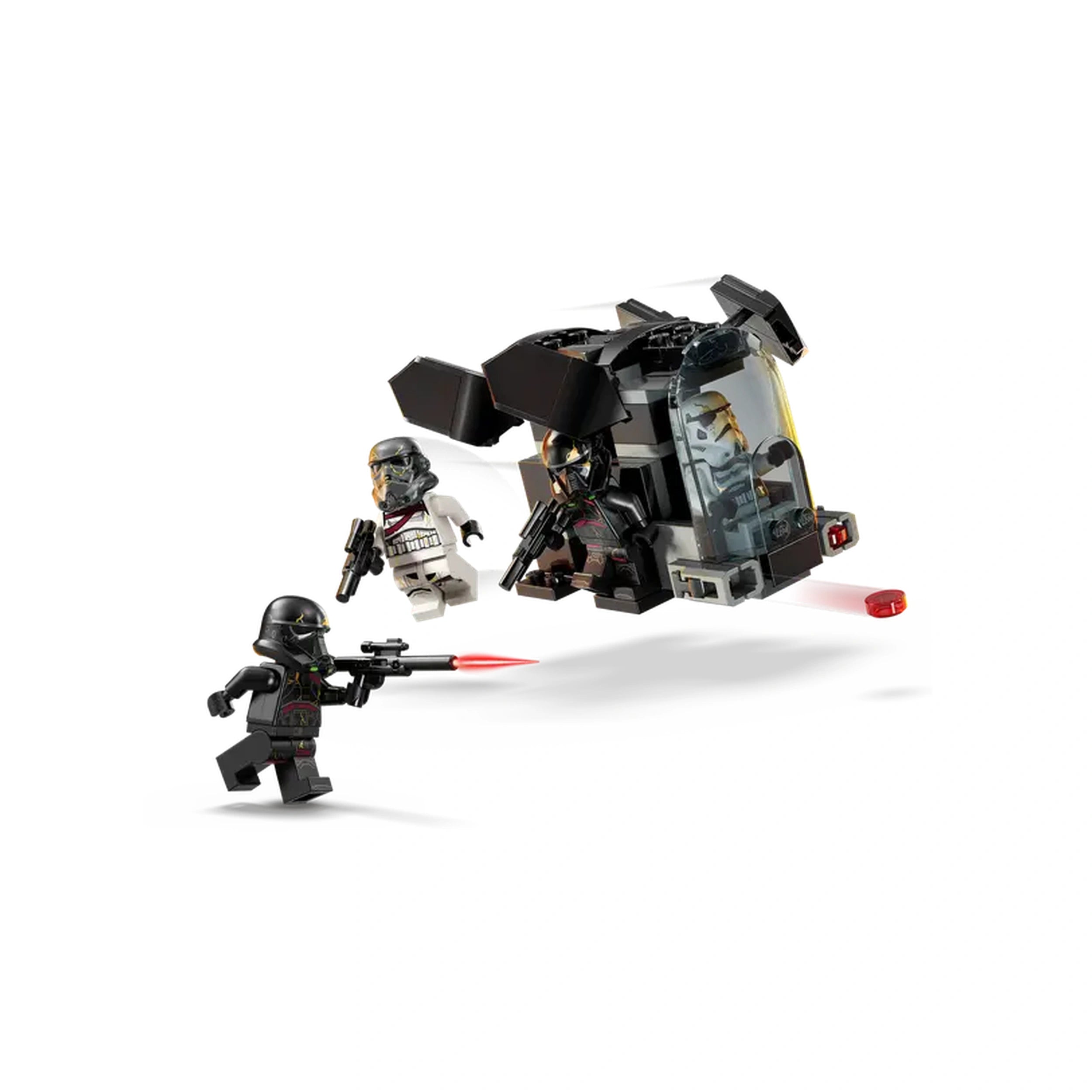 LEGO Death Trooper and Night Trooper minifigures in action, with a dropship launching and weapons drawn in a dynamic pose.