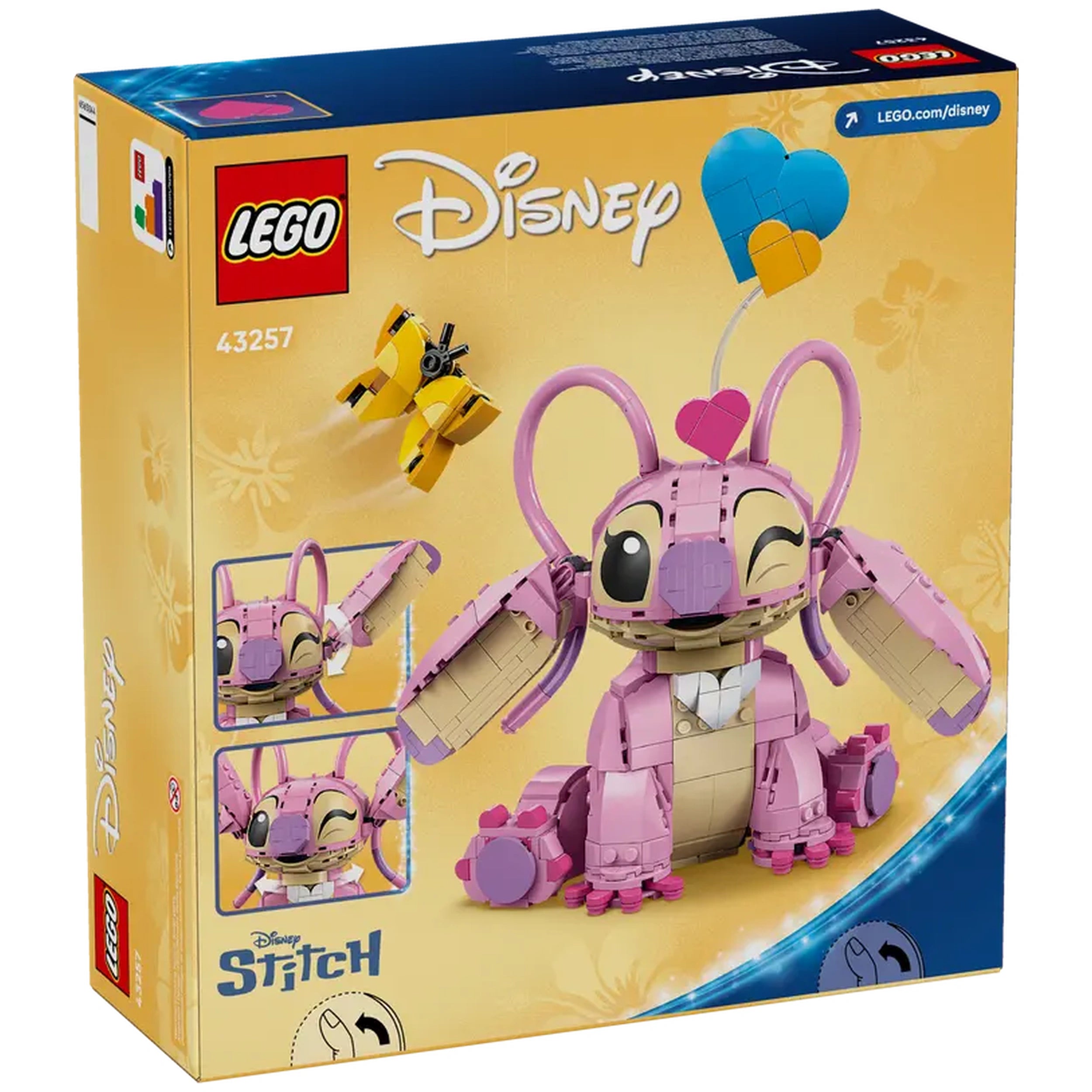 LEGO Disney Angel building toy box featuring a pink character with movable ears, holding a heart-shaped balloon, and decorated with vibrant colors.