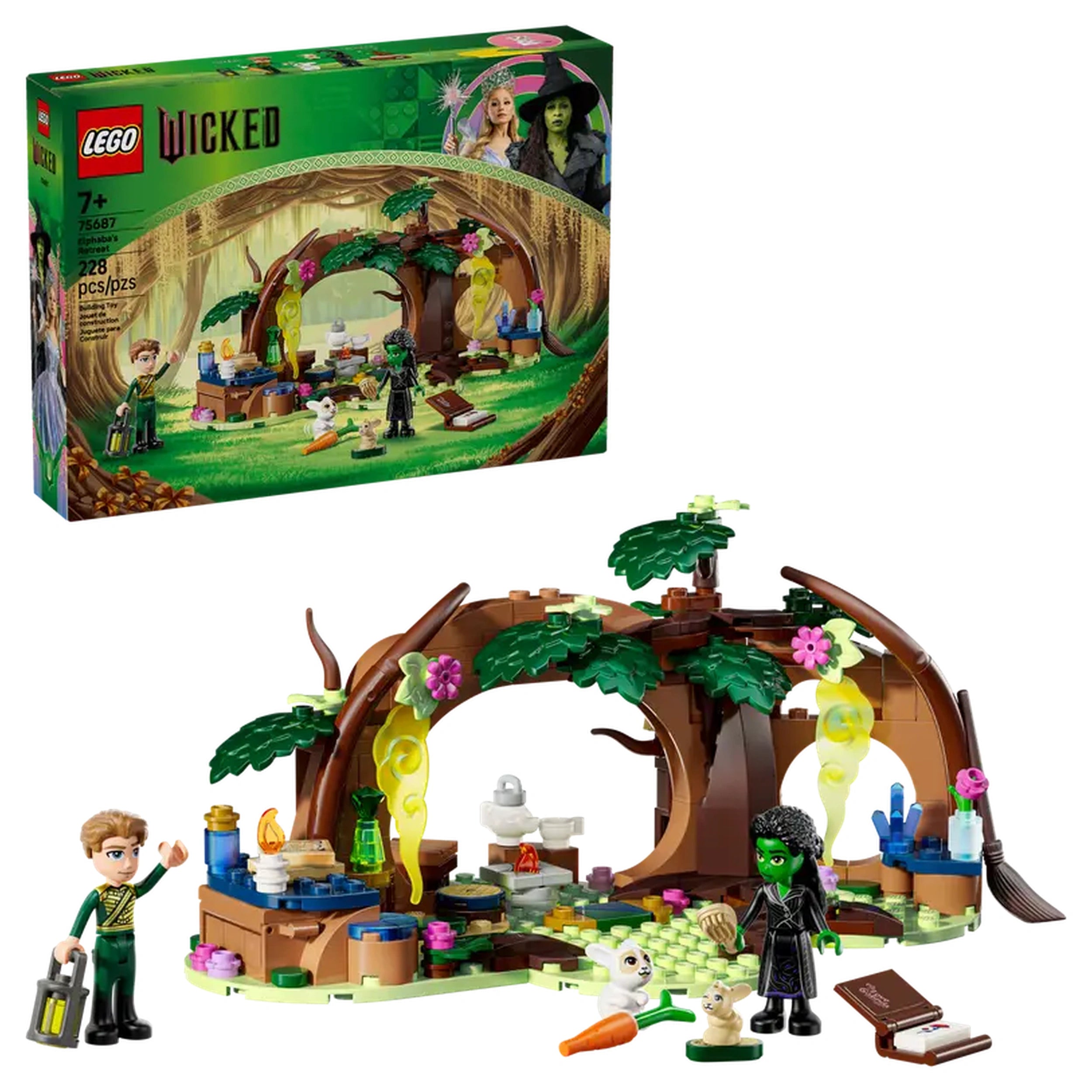 LEGO Elphaba's Retreat set featuring vibrant green trees, enchanting elements, and characters from Wicked, designed for kids 7+.