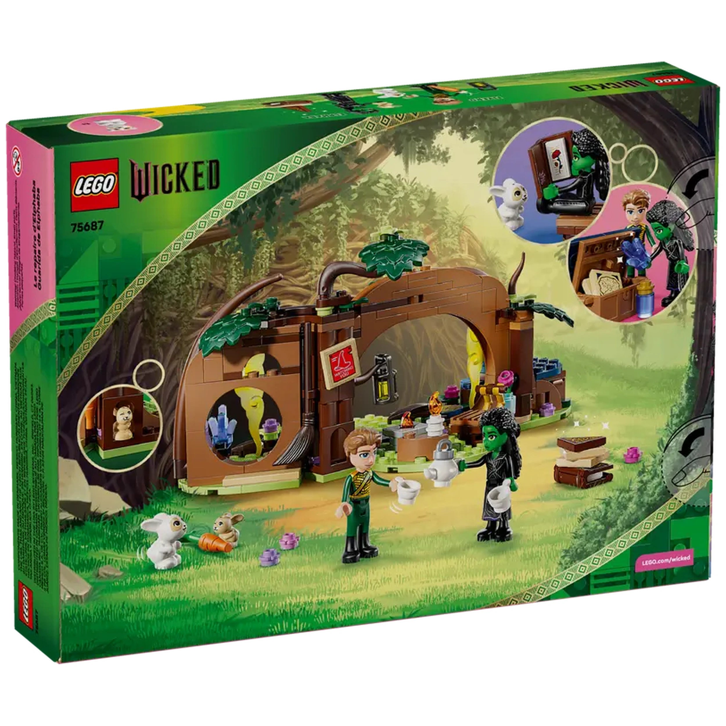 LEGO Elphaba's Retreat set featuring two characters in a whimsical forest scene, complete with tea set, books, and rabbits.