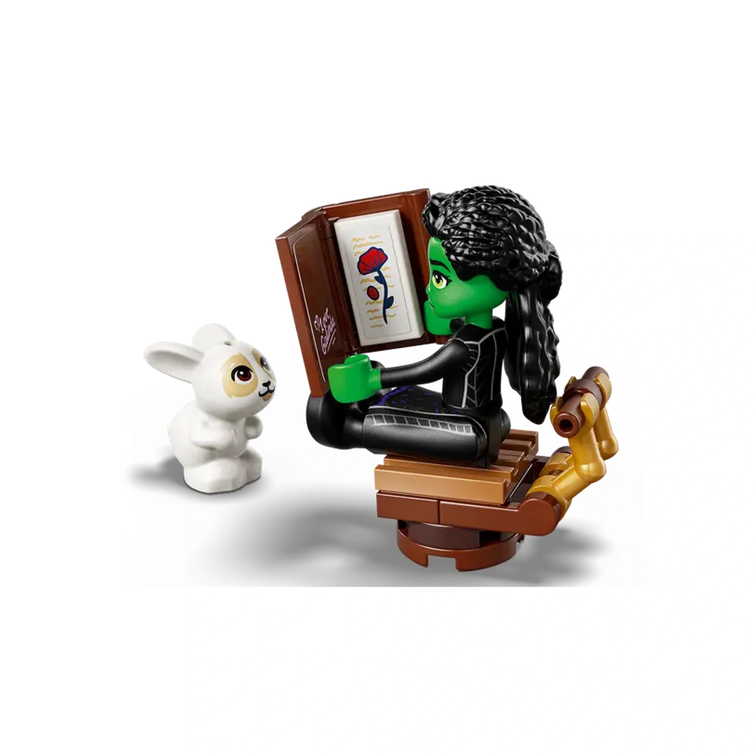 Elphaba, a green LEGO figure with braided hair, sits on a wooden chair reading a book, while a small white bunny curiously looks up.