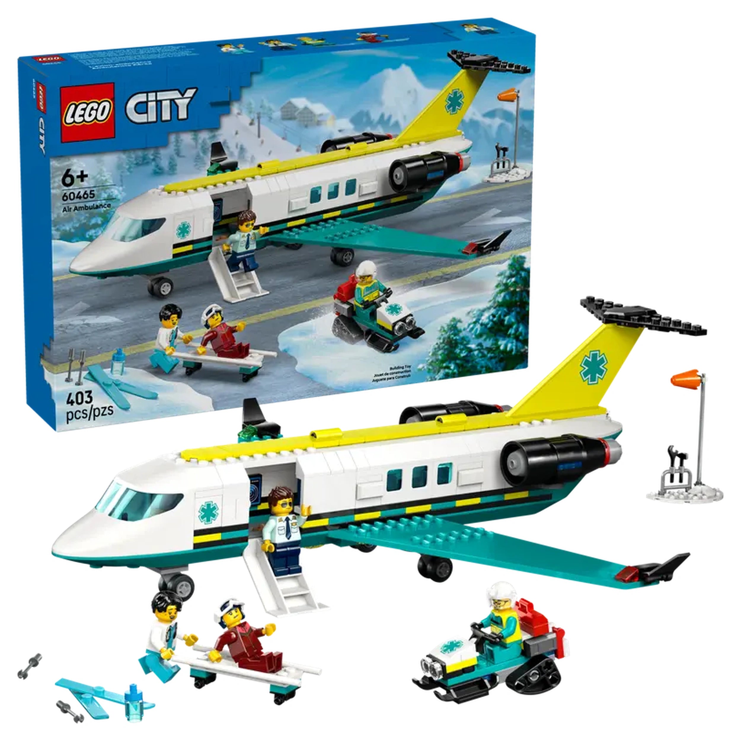 LEGO City Emergency Air Ambulance Plane set featuring a white and green twin-engine airplane, fold-down stairs, and a medical lab. Includes minifigures: pilot, doctor, paramedic, skier, along with a snow scooter and airport scene.