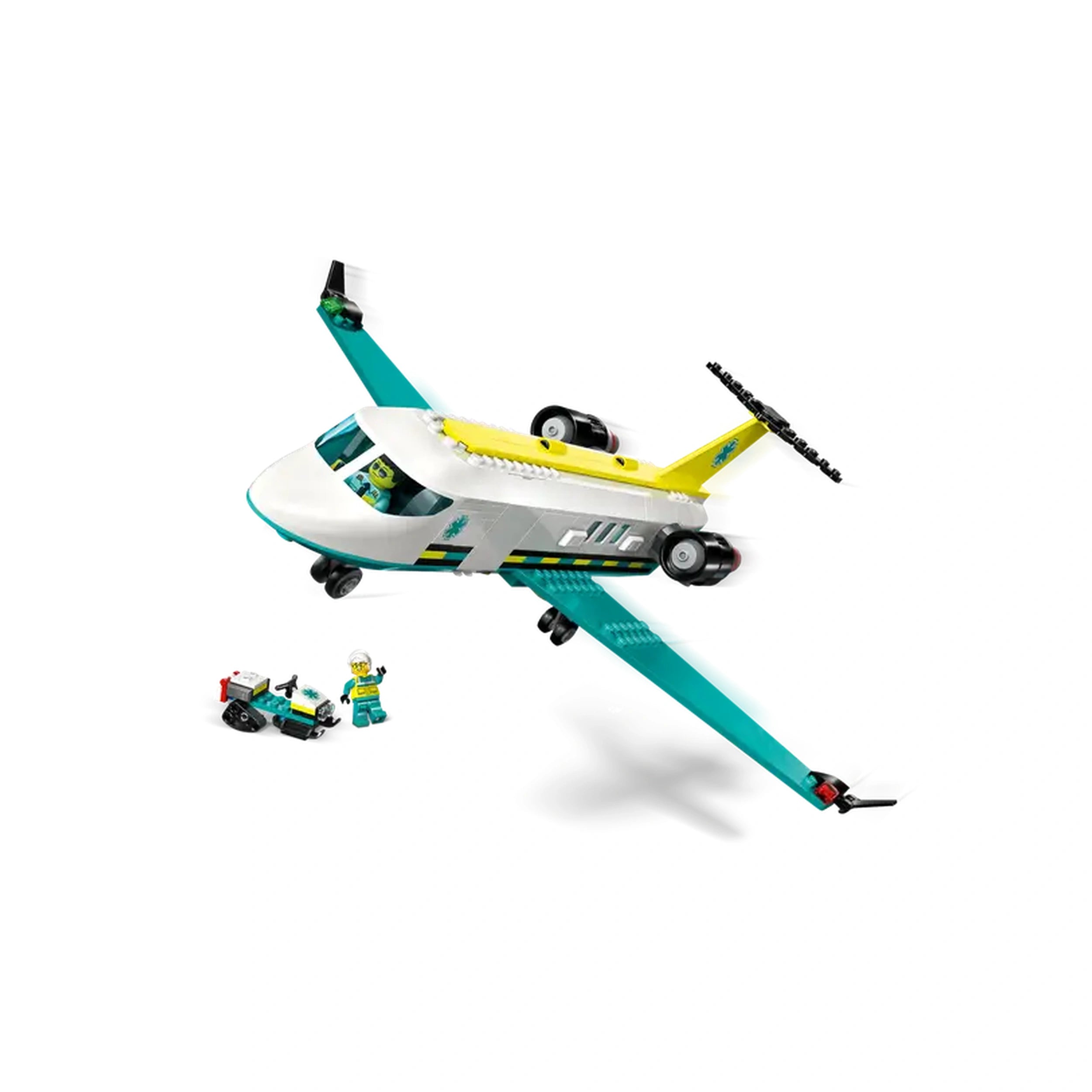 LEGO® City Emergency Air Ambulance Plane in white and teal, featuring medical minifigures and a snow scooter, ready for rescue missions.
