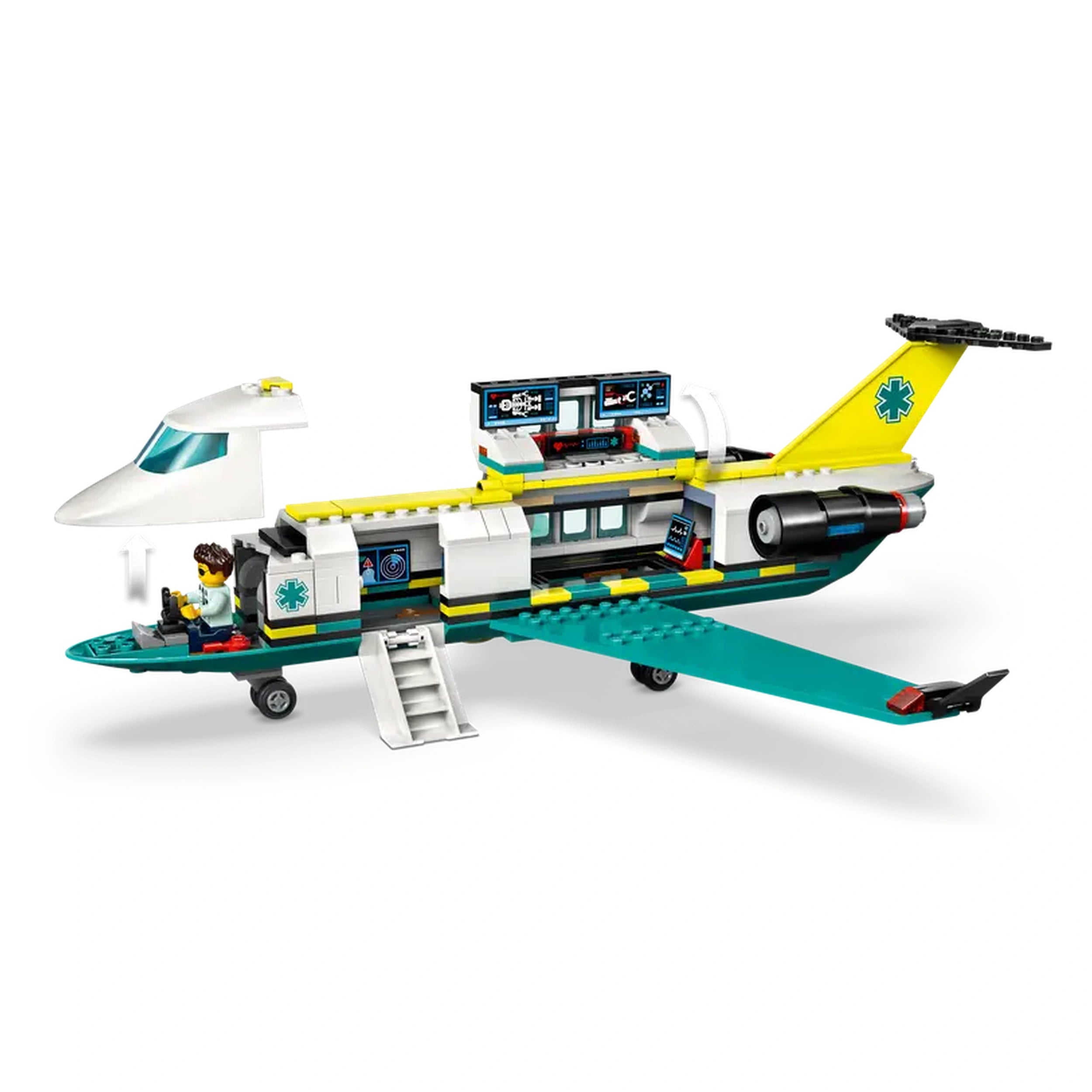 LEGO® City Emergency Air Ambulance Plane set featuring a twin-engine design, fold-down boarding stairs, and an onboard medical lab. Includes pilot minifigure and first-aid accessories, set against a vibrant yellow and green color scheme.