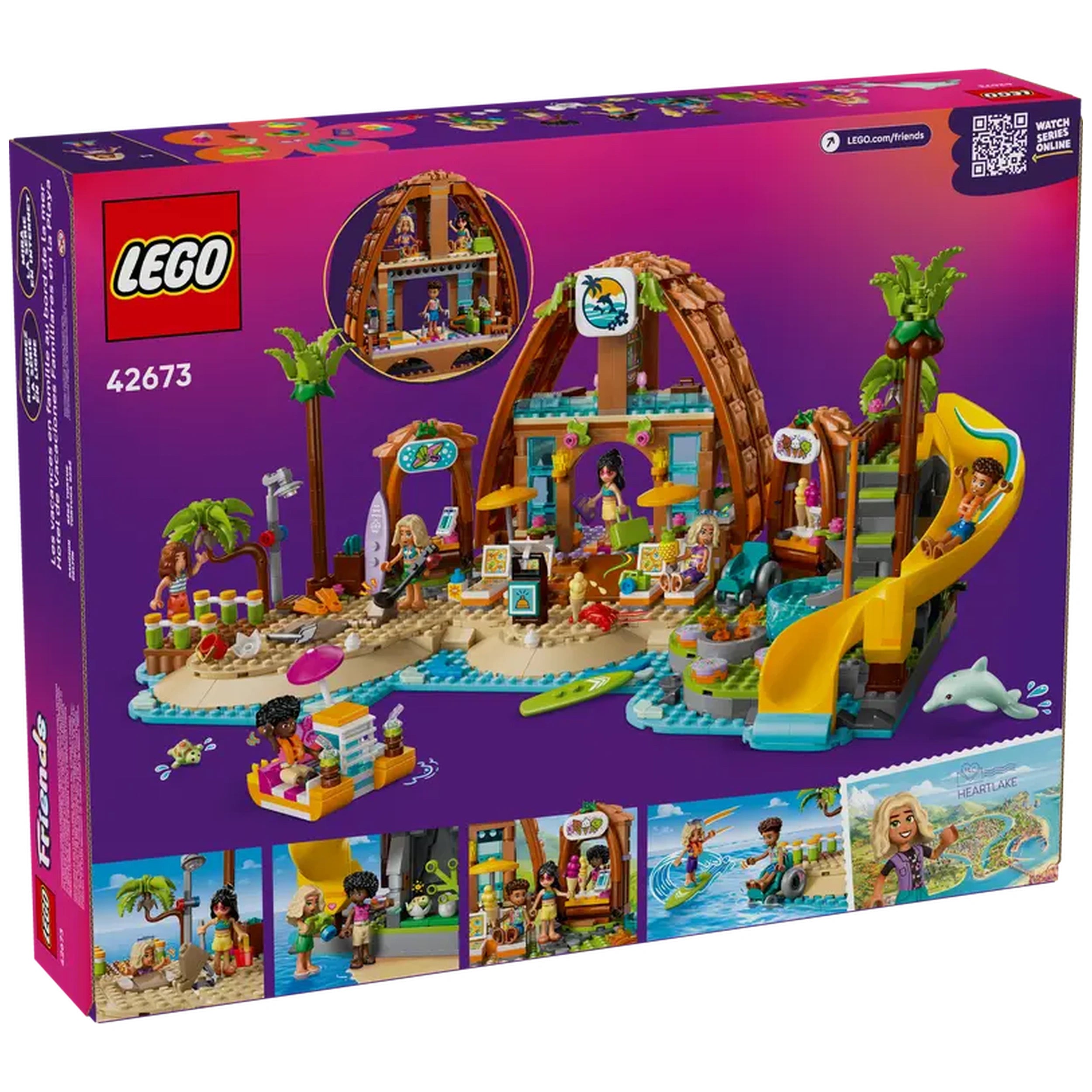 Colorful LEGO Family Vacation Beach Resort set featuring a vibrant beach scene, minidolls, a dolphin, and a waterslide.