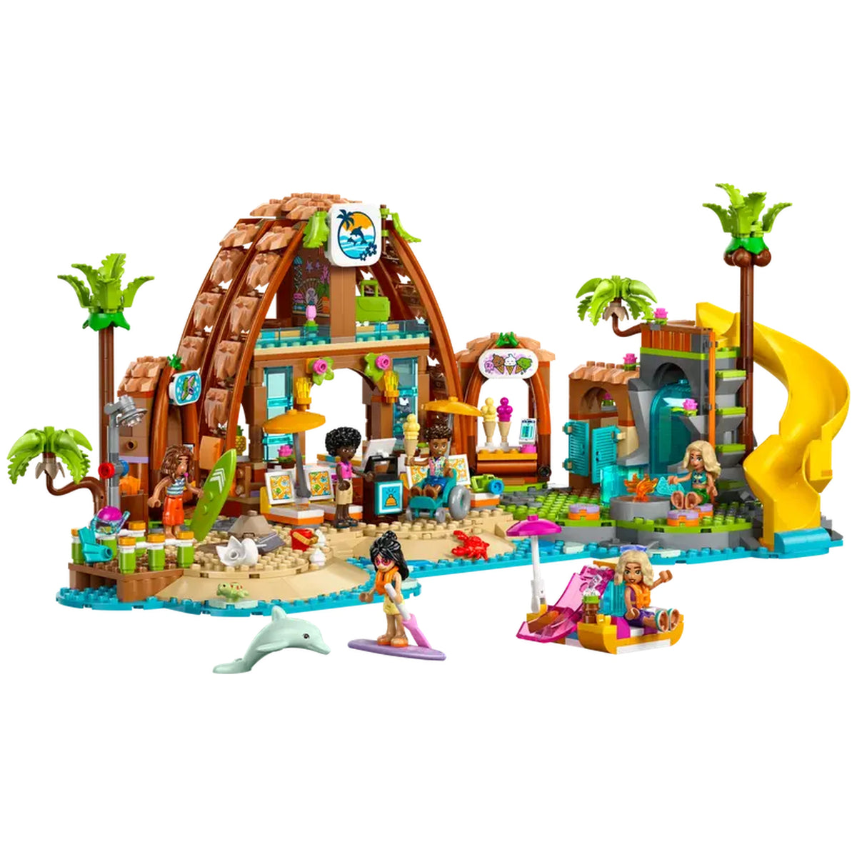 Colorful LEGO Family Vacation Beach Resort construction set featuring six minidolls, a dolphin, and a turtle. The scene showcases a vibrant pool, slide, lounge area, and various beach activities, encouraging imaginative play and family fun.